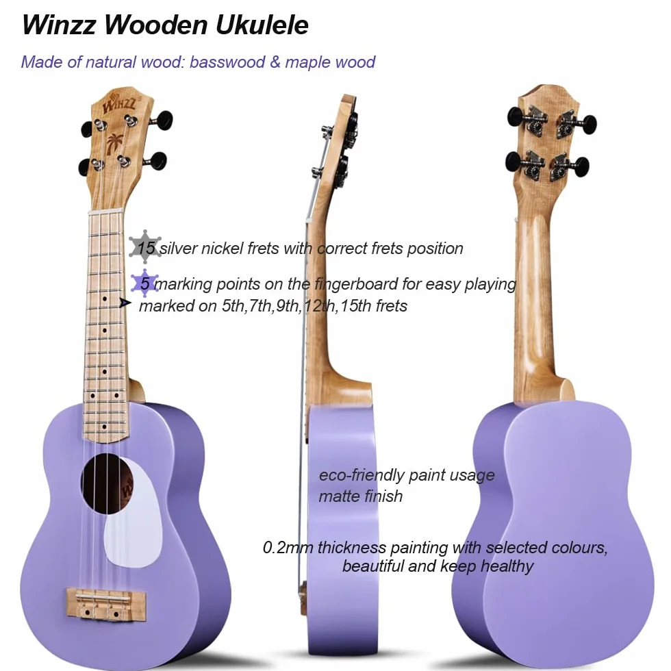 Ukulele soprano Winzz dla dzieci 51 cm 4 struny fioletowe drewno