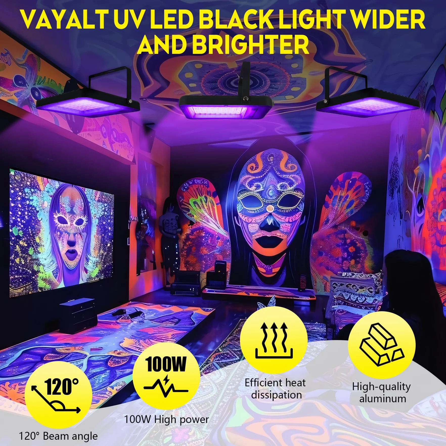 VAYALT 2 sztuki reflektorów LED UV 100 W 395 nm IP65 czarne światło na imprezę Halloween