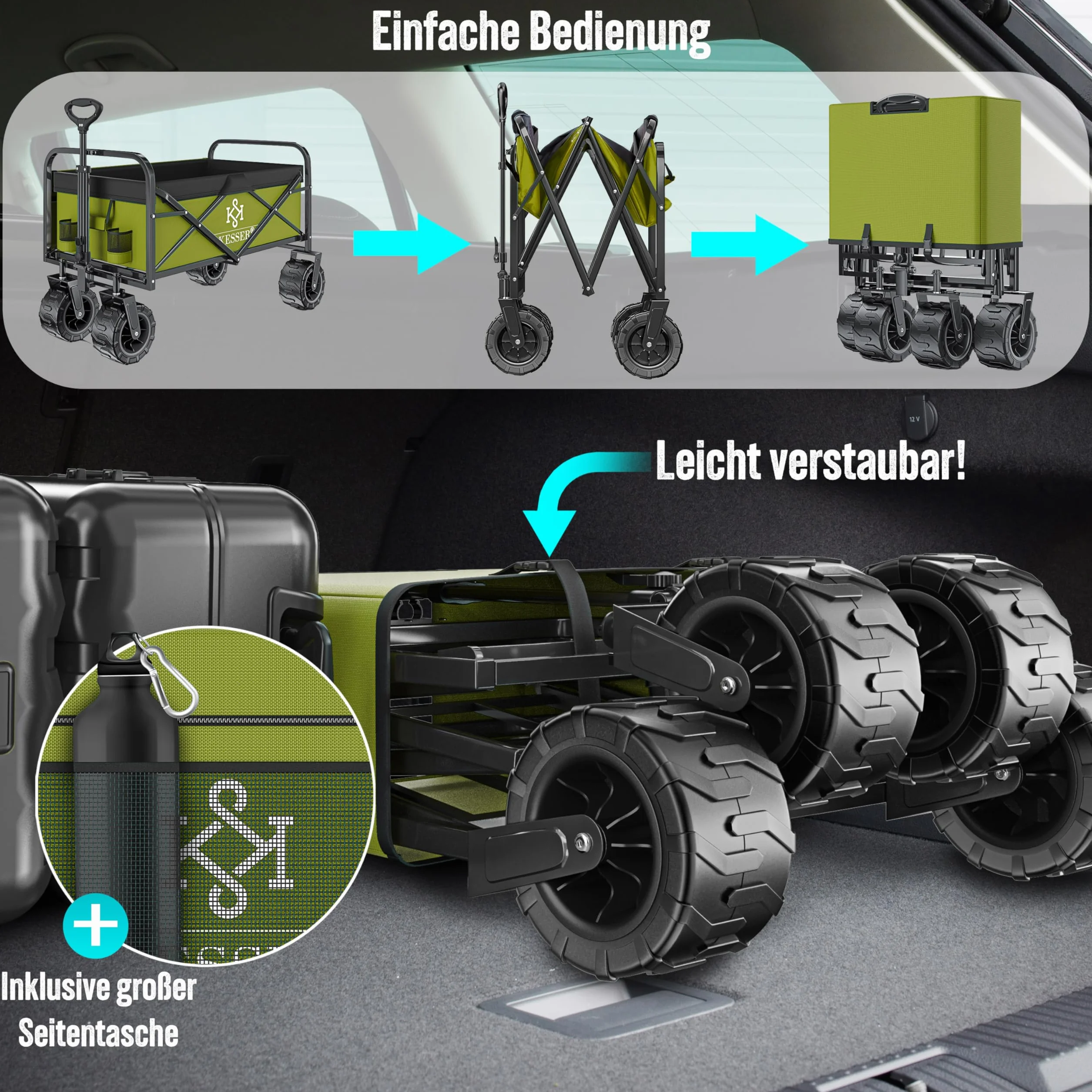 KESSER® Składany Wózek Transportowy z Szerokimi Oponami, Wózek na Narzędzia, 2 Kieszenie z Siatki i Kieszeń Boczna, Opony z Pełnej Gumy