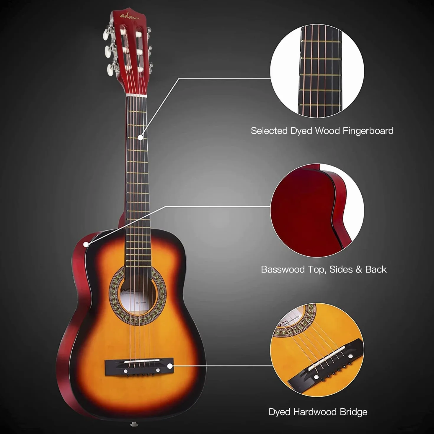 ADM Klasyczna gitara akustyczna dla dzieci, młodzieżowa gitara dla początkujących z 8 akcesoriami, mini gitara o rozmiarze 1/4, dobry prezent na Boże Narodzenie (błyszczący rozbłysk słońca, 76 cm)