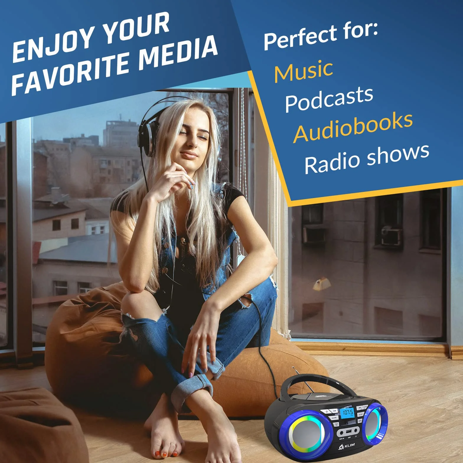 KLIM Boombox B3 przenośny odtwarzacz CD – Nowość 2024 – radio FM, CD, Bluetooth, USB, MP3, Boombox CD, tryb przewodowy i bezprzewodowy z bateriami do ładowania, obiektyw laserowy, przenośny odtwarzacz