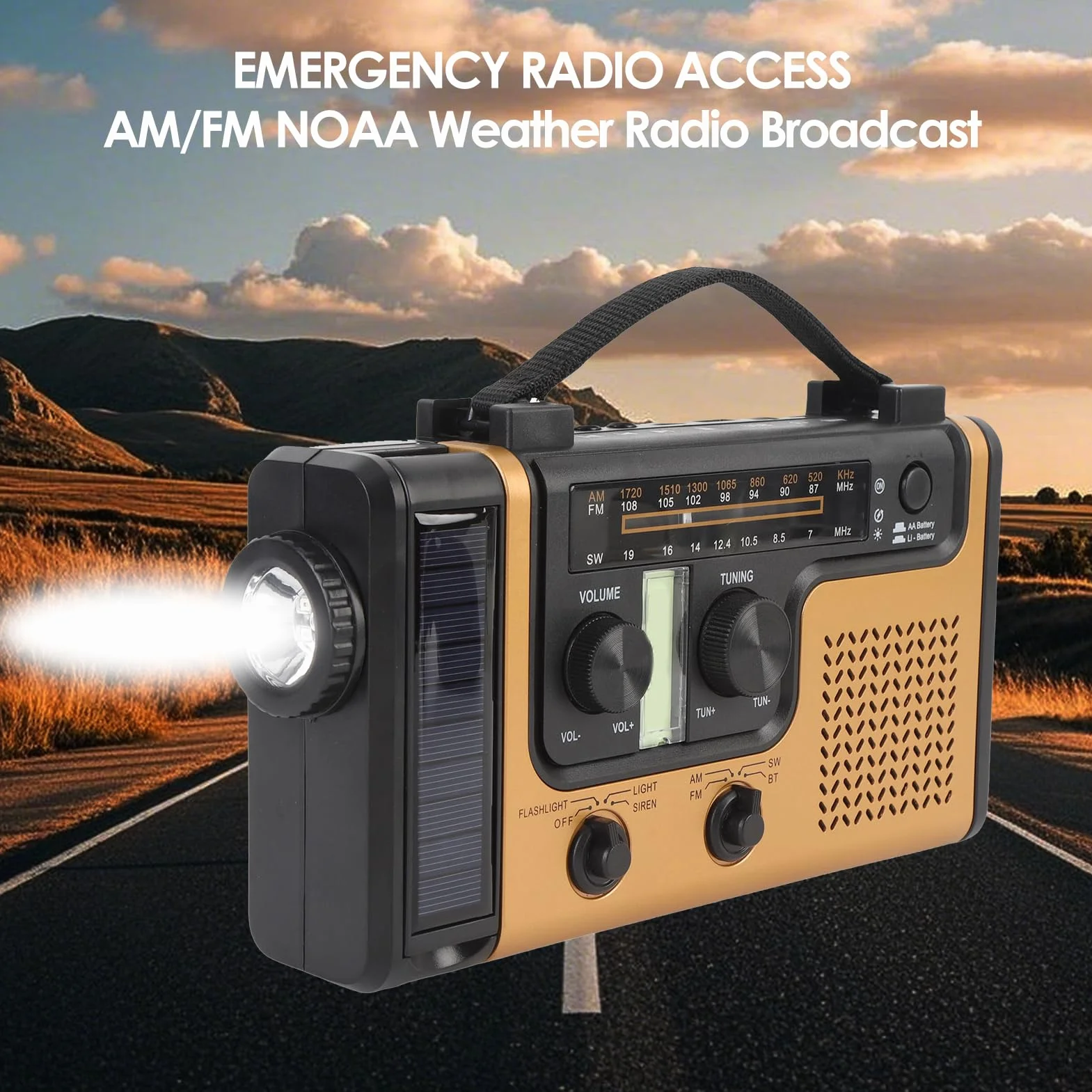 AM FM Solar Radio Radio, Bluetooth 5.0 Ręcznie Przenośne Radio z latarką, Alarm SOS, ładowarka do Telefonu Komórkowego, Małe Radia Pogodowe na Kemping, Awaryjne