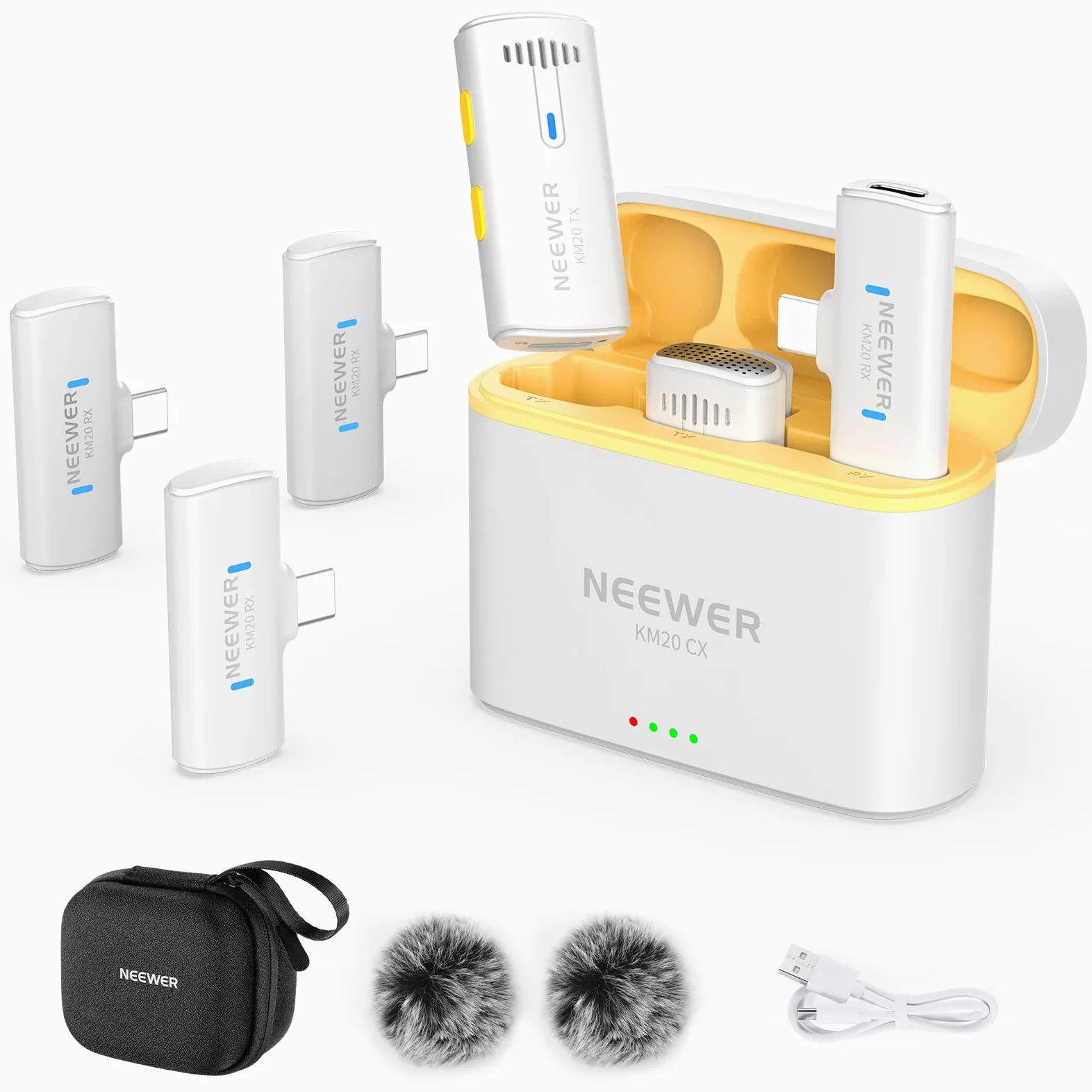 NEEWER KM20 Bezprzewodowy system mikrofonu krawatowego do iPhone'a, USB C, mini klips na klapie, mikrofon z 2 x nadajnikiem, 4 x odbiornikiem, adapterem OTG, 200 m, dalekiego zasięgu, kompatybilny z