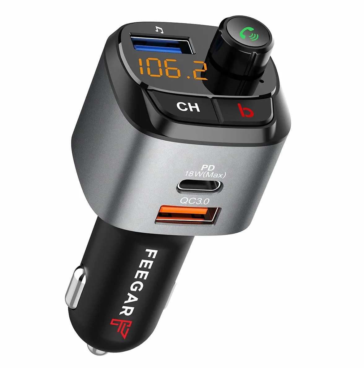 Feegar Q100 Pro Transmiter FM Bluetooth 5.0 zestaw głośnomówiący QC3.0 MP3 LED Ładowarka samochodowa USB 38W Mikrofon HD Przycisk B (Bass Boost Surround Effect) Typ C PD 3.0 / 4.0 Siri Assistant Pokazuje stan napięcie w aucie