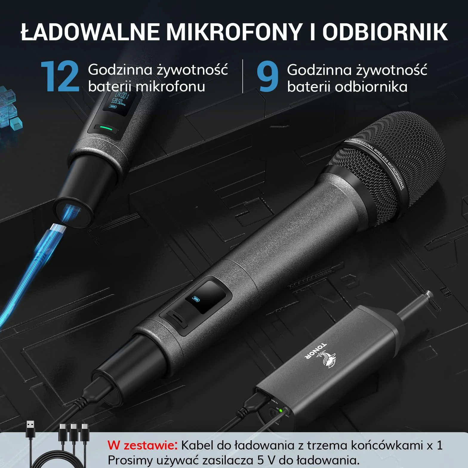 TONOR Bezprzewodowy System Mikrofon Ręczny TW520, Zasięg UHF 60m, Mikrofon do Karaoke