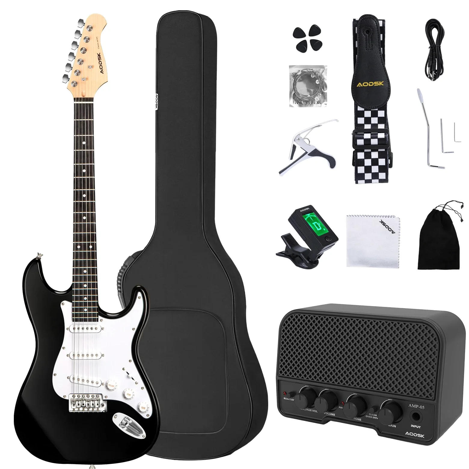 AODSK Gitara elektryczna ze wzmacniaczem, zestaw dla początkujących, 90 cm, pełny rozmiar, SSS Pick Up, wszystkie akcesoria, tuner cyfrowy, sześć strun, cztery kostki, drążek tremolo, pasek, torba na