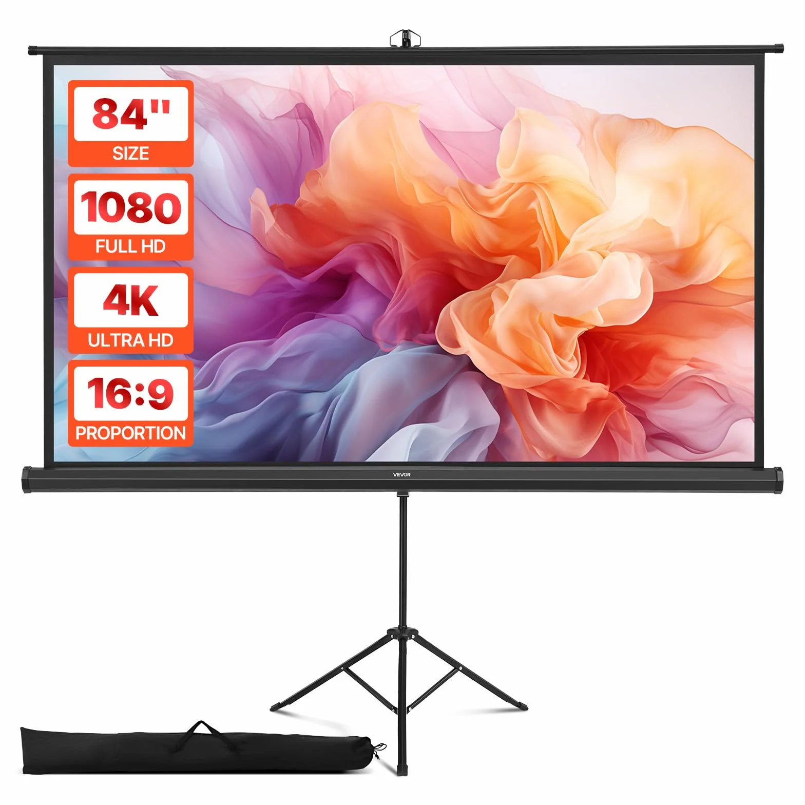 VEVOR Ekran projektora ze stojakiem, szeroki kąt 160°, ekran projekcyjny, 16:9 4K HD, bez zagnieceń, przenośny statyw z torbą do przenoszenia, do kina domowego, biura, prezentacji