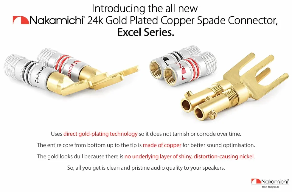Nakamichi Excel Series 24K pozłacany wtyk bananowy 12-18 AWG Rozmiar miernika 4mm do głośników Wzmacniacz HiFi Odbiornik AV Stereo Kino domowe Złącze Audio (2 Szt., Wtyki bananowe Spades Y)