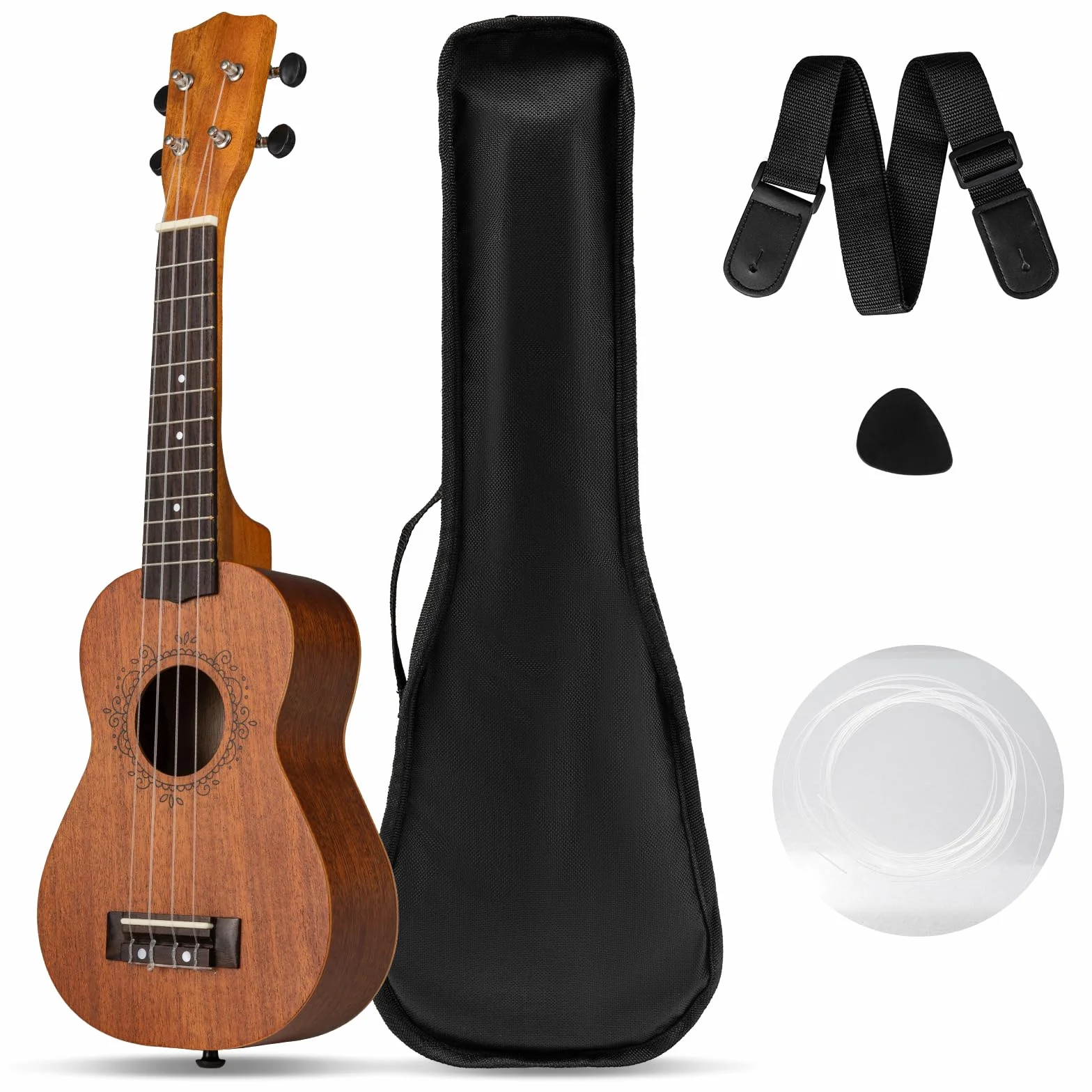 COSTWAY Ukulele sopranowe, drewniane ukulele 21", zestaw startowy z torbą, pick, tunerem, gęstymi i dodatkowymi strunami nylonowymi, w stylu vintage, mała gitara w stylu vintage, dla dzieci, dorosłych