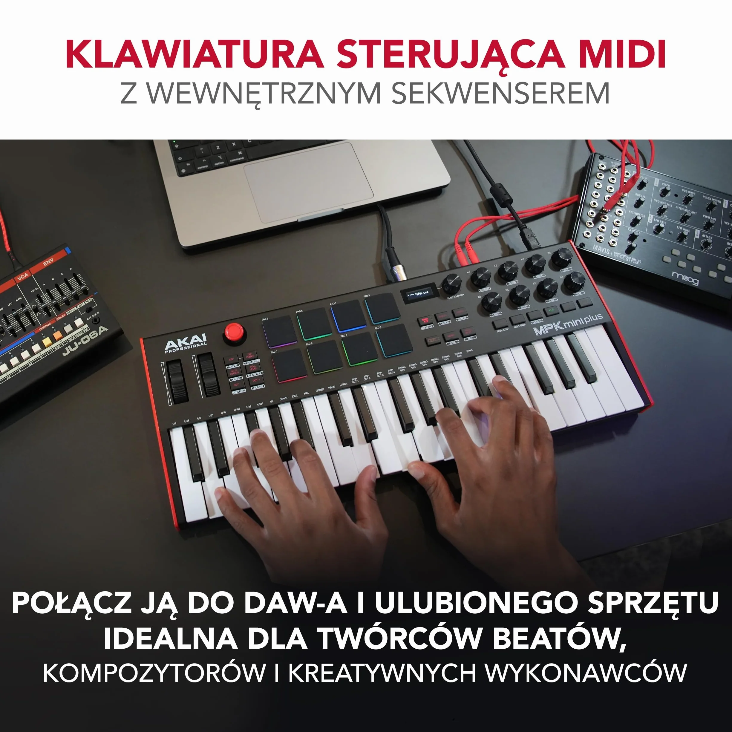 Akai Professional MPK Mini Plus – klawiatura sterująca USB MIDI z 37 miniklawiszami, 8 padami MPC, sekwencerem, MIDI/CV/Gate I/O, programem do produkcji muzyki oraz pakietem Native Instruments