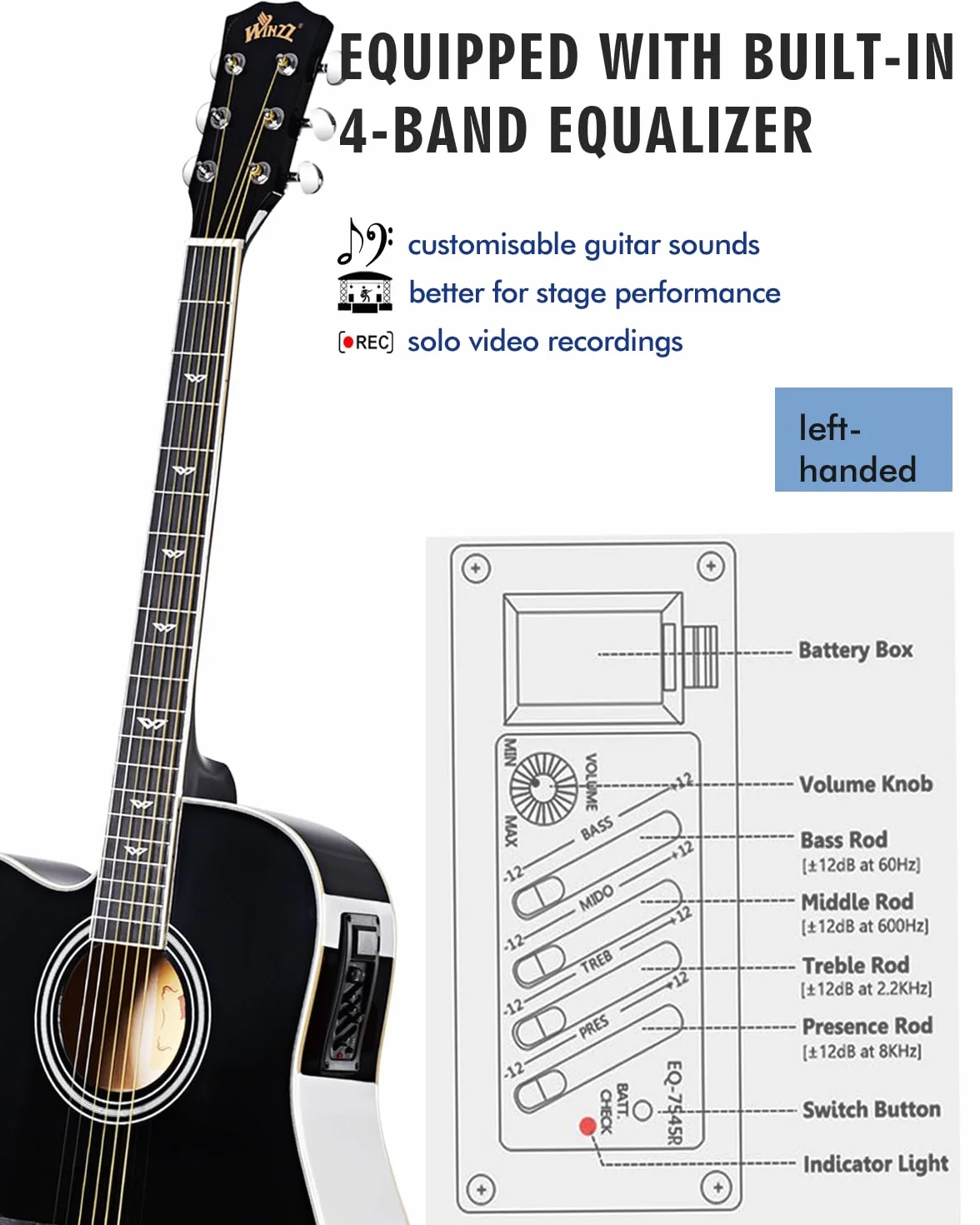 Winzz Elektryczna gitara akustyczna 4/4, dla leworęcznych, zachodnia gitara, dla dorosłych, początkujących, gitara akustyczna 100 cm z 4-pasmowym korektorem (dreadnought, błyszcząca czerń)