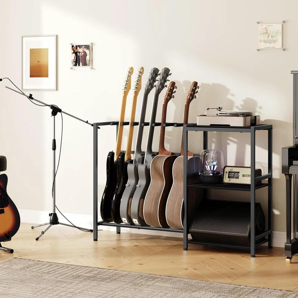 Stojak multimedialny AV z miejscem na gitarę, ciężki mebel audio, szafka audio, wieża rackowa, 3-poziomowy stojak na gitary do domowego studia muzycznego