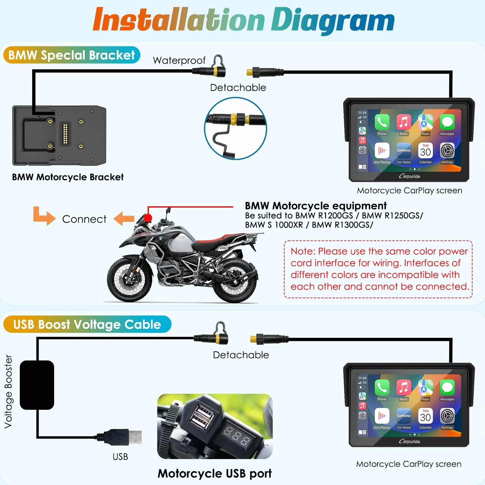 Carpuride w502B motocykl Carplay ekran do motocykla BMW R1200GS R1250GS S1000XR, wodoodporny ekran dotykowy, przenośna nawigacja GPS Carplay/Android do motocykla, podwójny Bluetooth