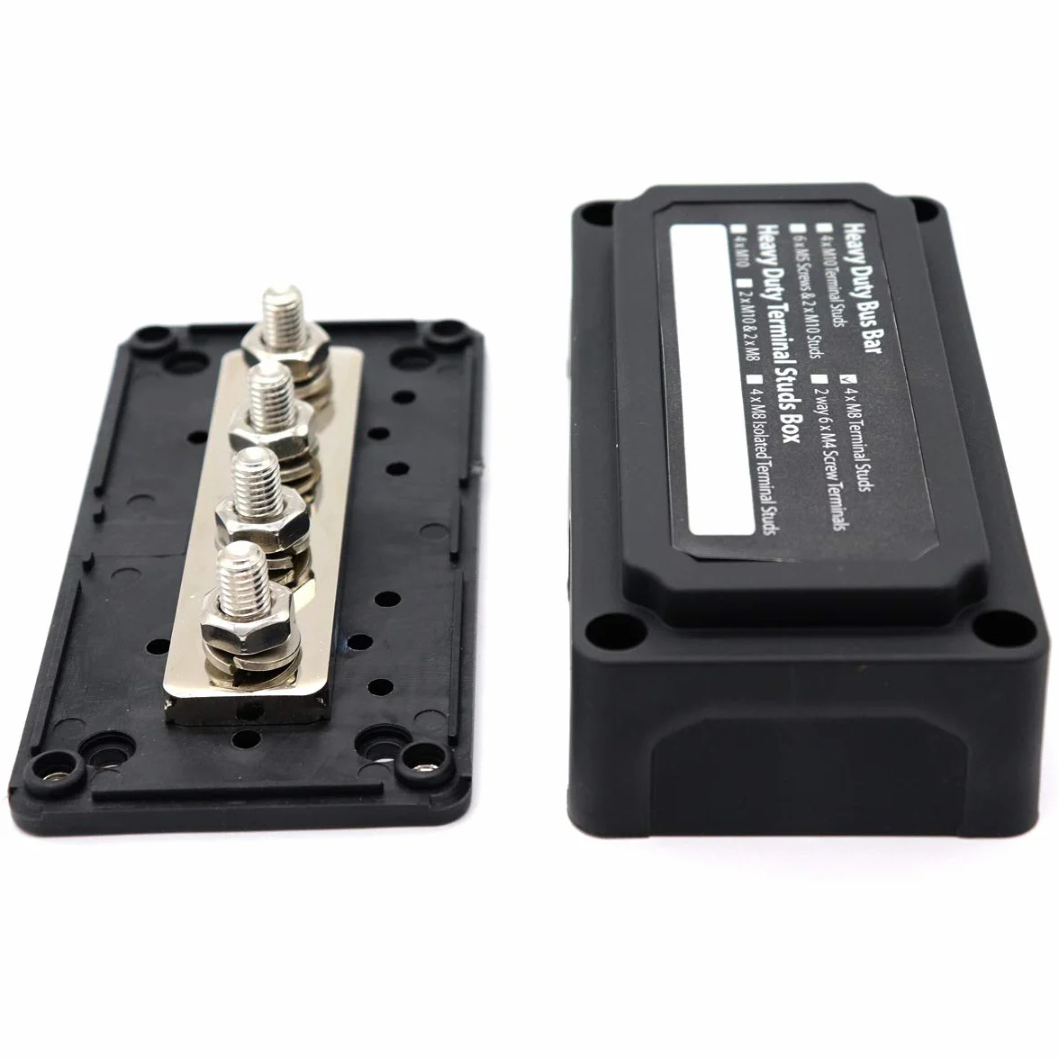 Black 300 A Bus Bar Box Heavy-Duty, moduł, blok rozdzielczy zasilania z 4 x zaciskiem śrubowym M8, blok przyłączeniowy akumulatora 12 V - 48 V DC, do samochodów morskich, solarnych