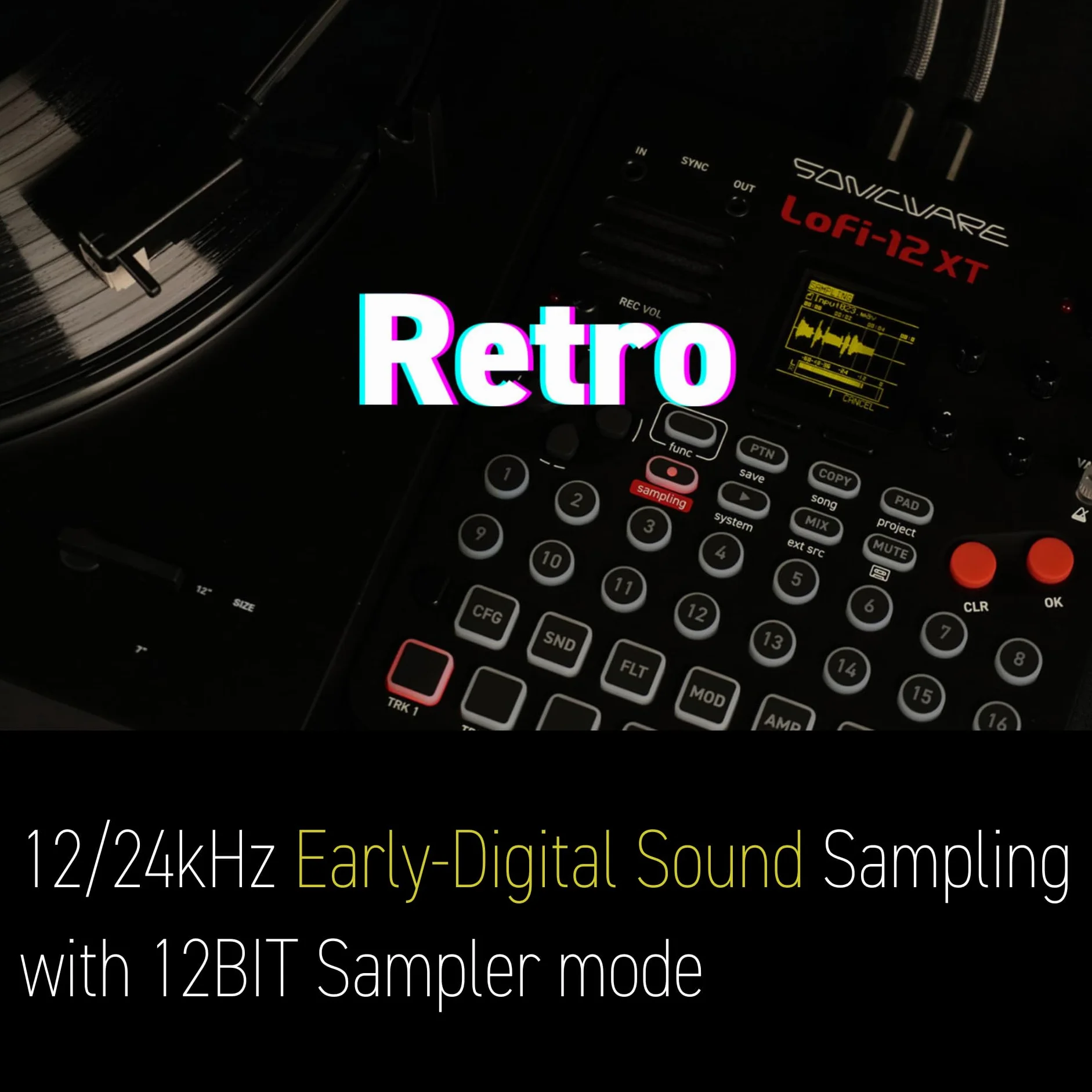 Sonicware Lofi-12 XT [ograniczony kolor retro] Próbkowanie retro z 12-bitowym trybem próbnika, 8-ścieżkowy sekwencer, 26 efektów, 15 szybkości padów z diodami RGB