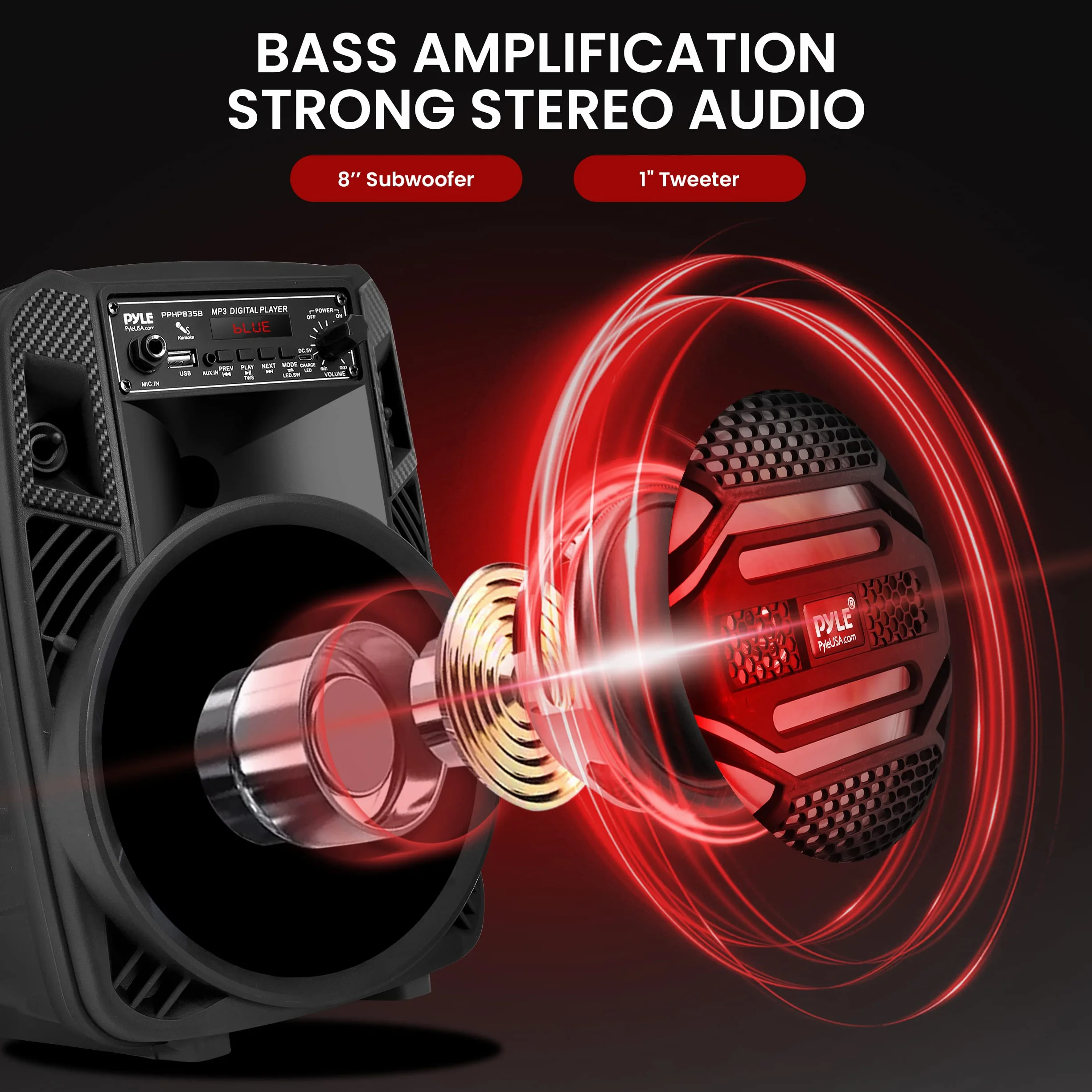 Pyle Przenośny system głośników Bluetooth PA 300 W 8-calowy subwoofer 2.5 cm głośnik wysokotonowy