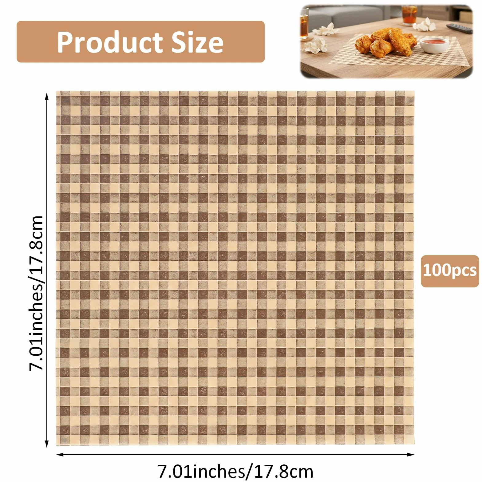 100 sztuk woskowanych arkuszy papieru delikatesowego, 18 cm x 18 cm kwadraty odporne na tłuszcz, w kratkę, do oklejania kanapek i burgerów, papier do pieczenia, arkuszy do pakowania delikatesów
