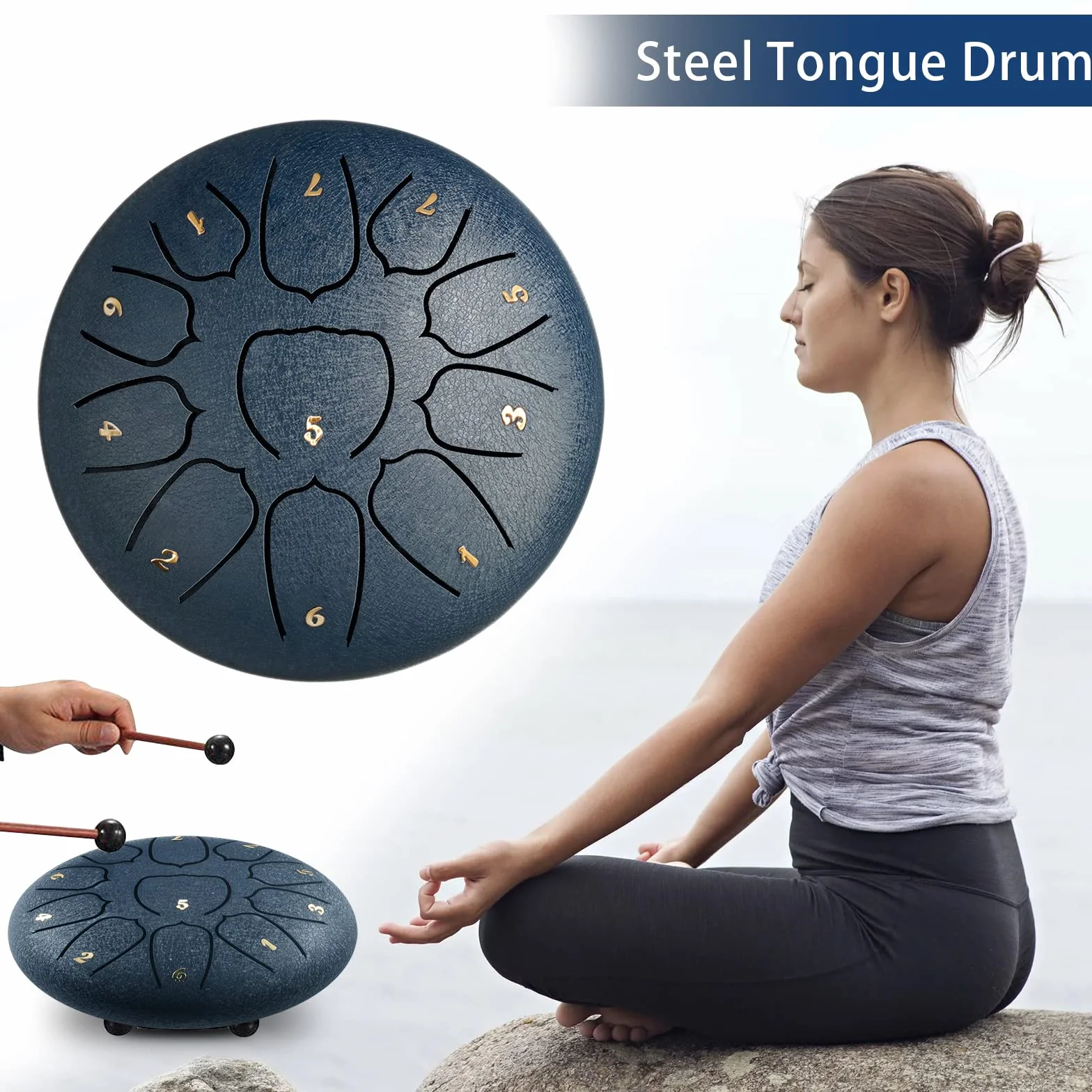 Tongue bęben tarczowy, 11 nut, 15 cm, językowy, stalowy instrument perkusyjny, ręczny, z pudełkiem na akcesoria, torbą, książką muzyczną i pałeczkami do medytacji, jogi, uzdrawiania dźwiękiem