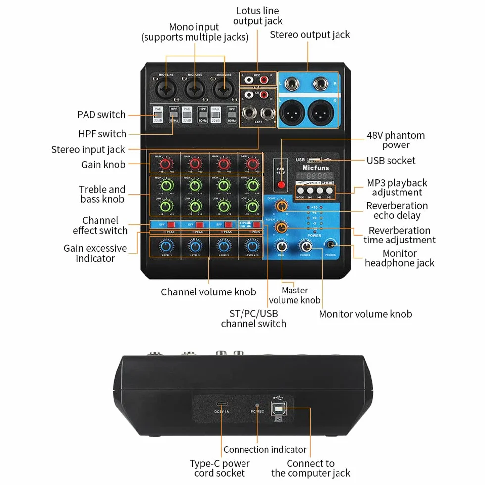 Mini DJ Mikser Sound Board Console System, 5 kanałów 48 V Phantom Power z Bluetooth USB MP3 Stereo Live DJ Studio Streaming na profesjonalne nagrywanie KTV Stage