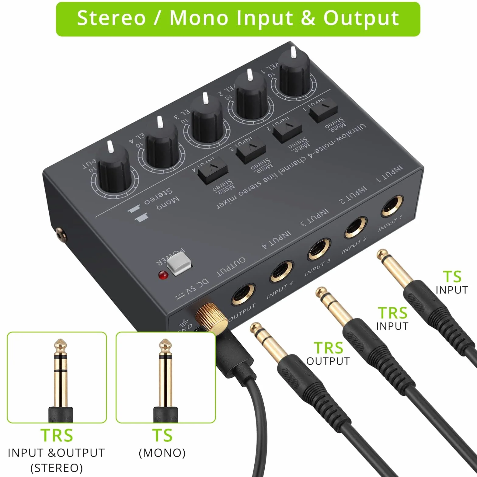 LiNKFOR 4 kanałowy ultrakompaktowy mikser audio stereo z niezależną regulacją głośności do mikserów, DC 5V Type-C mini-mikser audio z zasilaczem i kablem audio - ultra niski poziom hałasu.