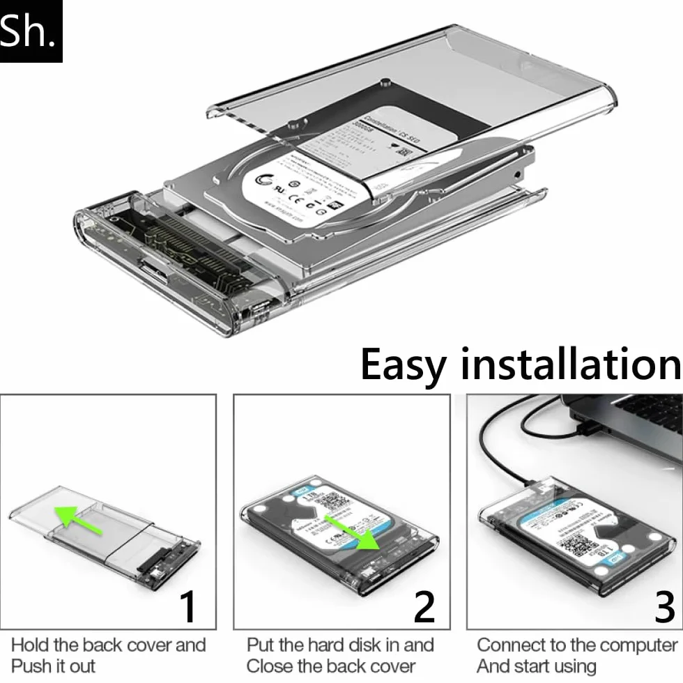Sh. Obudowa Zewnętrzna Dysku 2.5” SATA USB 3.0 – Kieszeń na Dysk SSD/HDD, Obudowa do SSD SATA, Etui Adapter (HDD/SSD Case), UASP 5 Gb/s, Kompatybilna z Laptopem/PC/PS4/Xbox