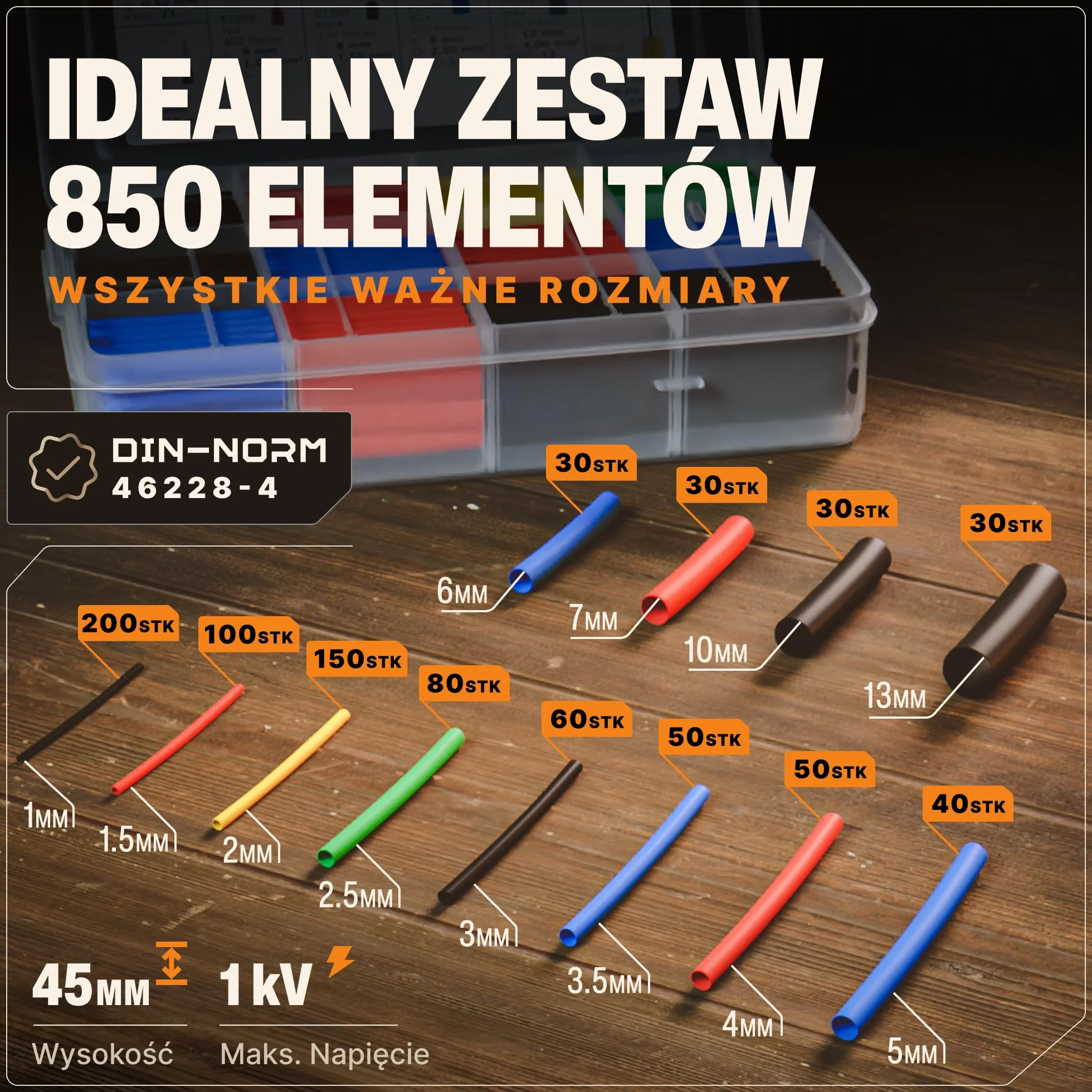 BAURIX® Zestaw rur termokurczliwych 850 sztuk - Kolorowy asortyment rur termokurczliwych- Stosunek skurczu 2:1 - Rury termokurczliwe - Rury izolacyjne do kabli - Zestaw rur termokurczliwych