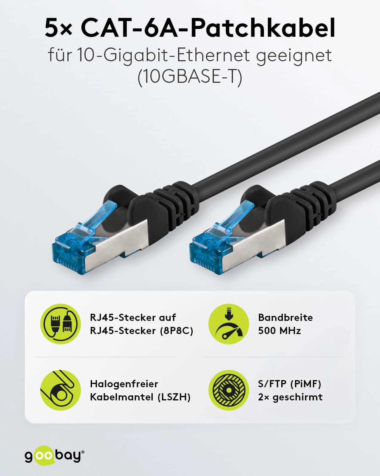 goobay 66043 Kabel sieciowy CAT 6A w zestawie 5 szt. / kabel krosowy ekranowany S/FTP/CU Ethernet, PiMF, LSZH/Cat 6a kabel 10 Gbits/czarny / 5 x 5 m