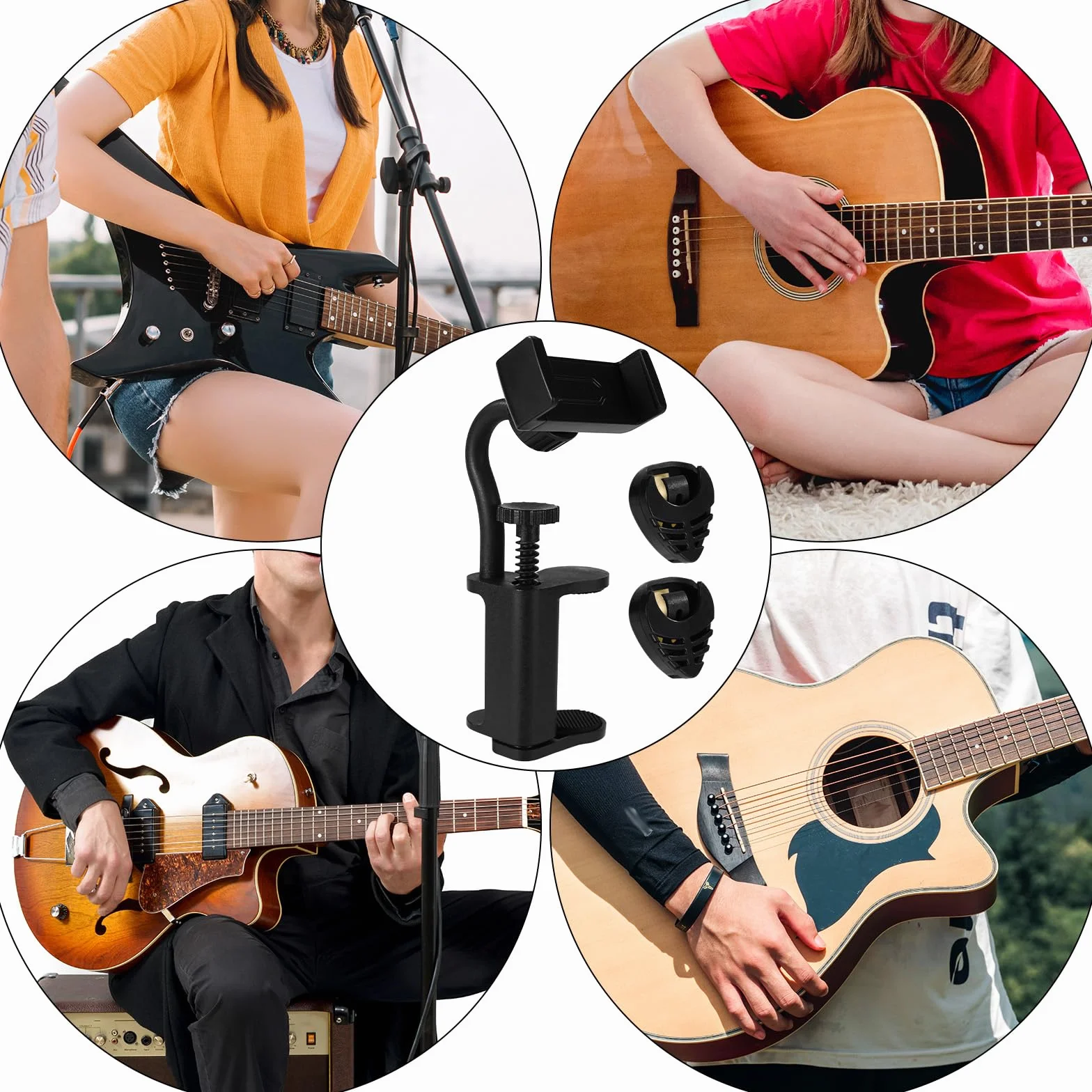 Uchwyt na Telefon do Gitary z 2szt Futerałami Kostki, Regulowany Obrotowy Uchwyt Słuchawki do Gitary Ukulele Basowego Nuty Transmisje Żywo Nagrywanie Wideo Nauka Online (Czarny)