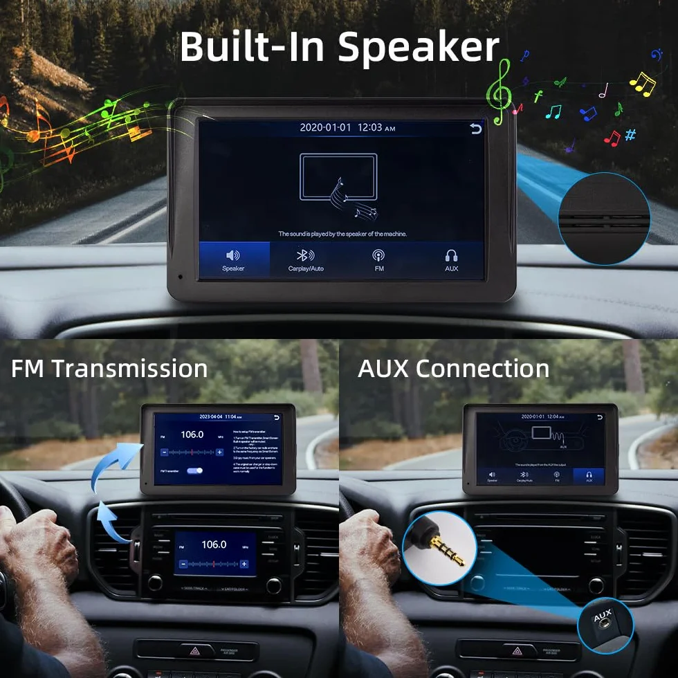 Bezprzewodowy CarPlay i Android Auto, 7-calowy Wyświetlacz Carplay z Kamerą Przednią 2K, Kamera Cofania 1080P, Bluetooth, Mirror Link, FM, AUX, Karta TF
