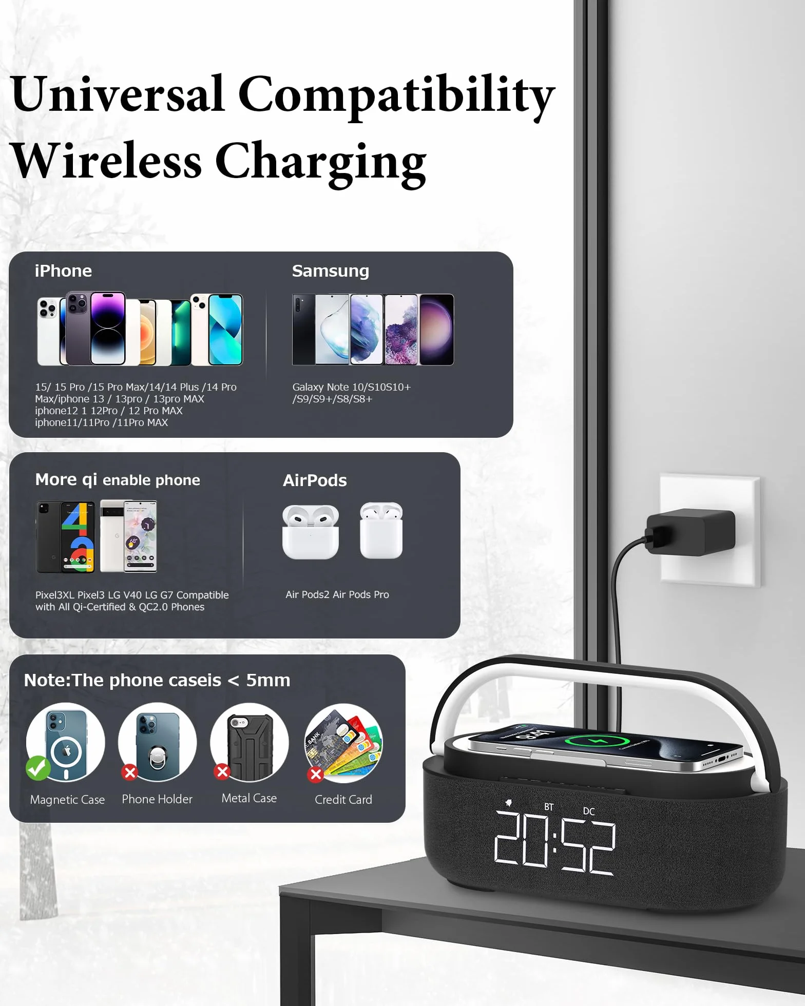 COLSUR Radiobudzik cyfrowy z bezprzewodową ładowarką, głośnik Bluetooth z ładowarką USB, inteligentny budzik, funkcja drzemki, indukcyjna stacja ładująca, lampka nocna, ściemniany wyświetlacz LED i