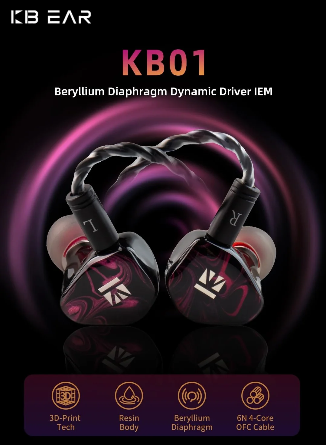 KBEAR KB01 Monitory douszne, HIFI berylowa, dynamiczny przetwornik w uszach, przewodowe słuchawki douszne, wysokiej klasy słuchawki dla muzyków, piosenkarzy z czystym dźwiękiem, kabel OFC, wnęka z