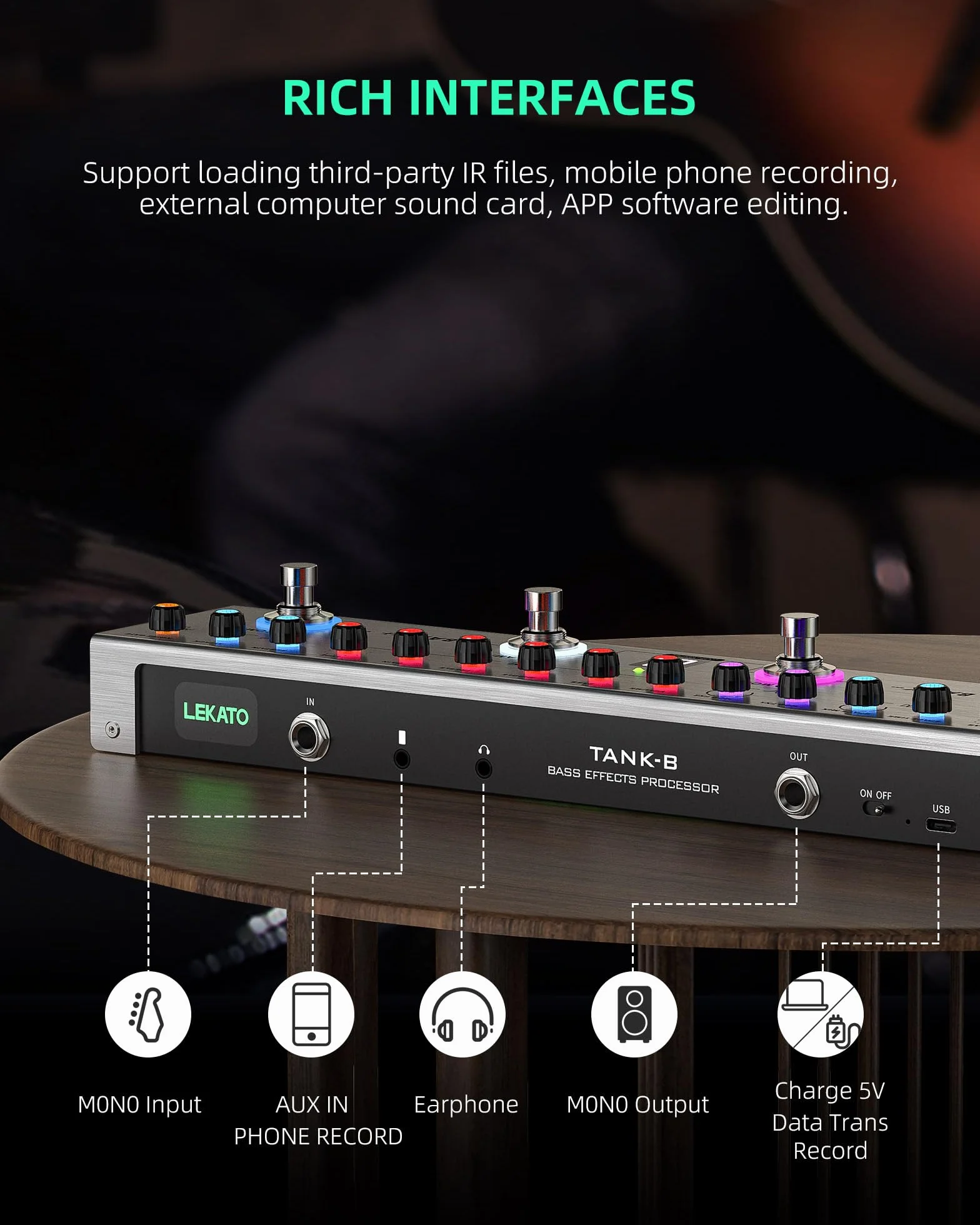 Bass Multi Effects, LEKATO Bass Effect z 36 edytowalnymi ustawieniami, kompresorem, przestrzenią, MOD, reverb, funkcją ładowania na podczerwień, nagrywanie, tuner, wbudowana bateria, połączenie