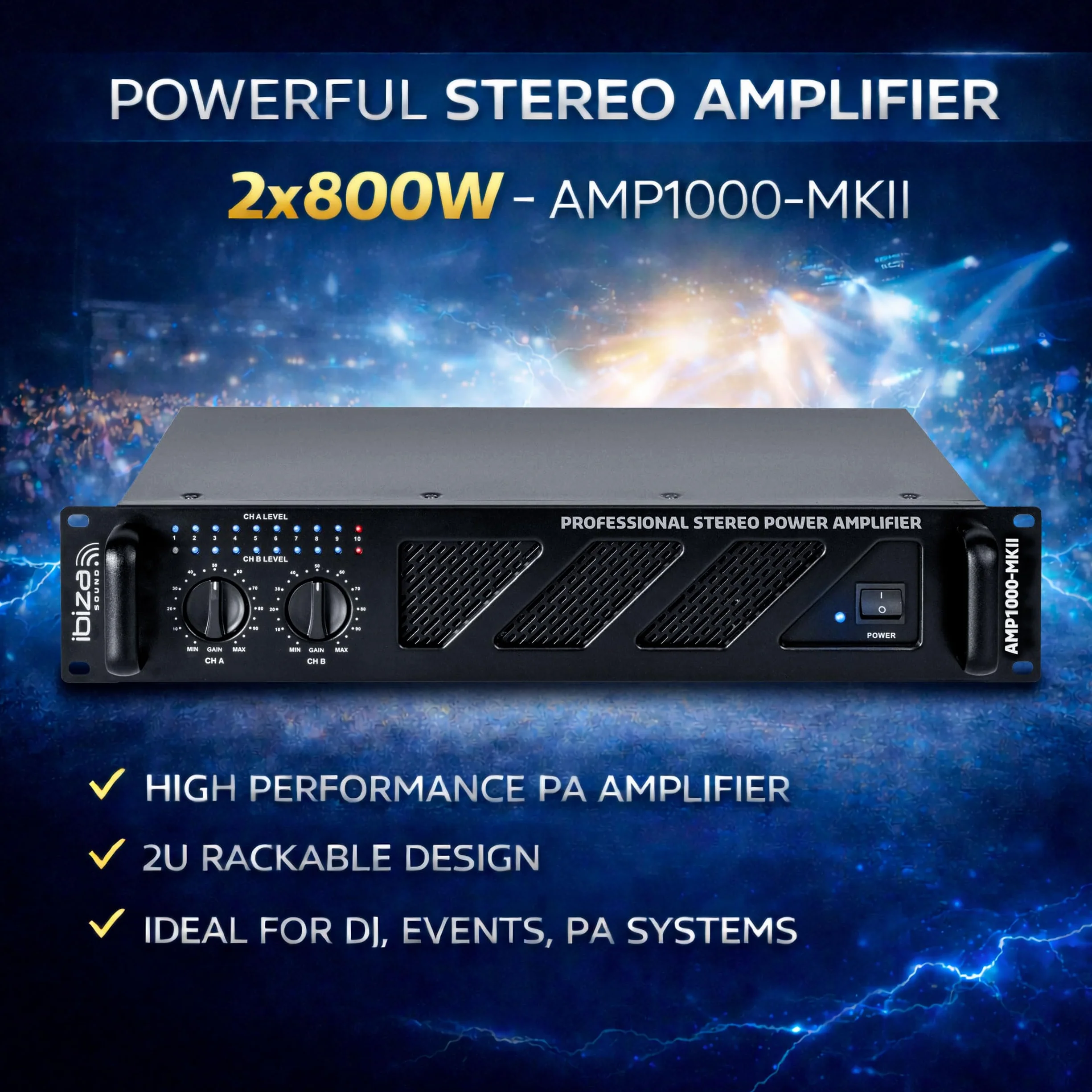 Ibiza - AMP1000-MKII - Profesjonalny wzmacniacz PA 2x800W z wejściami RCA/Jack i wyjściami Speakon/Born - 19" Rackable - Czarny