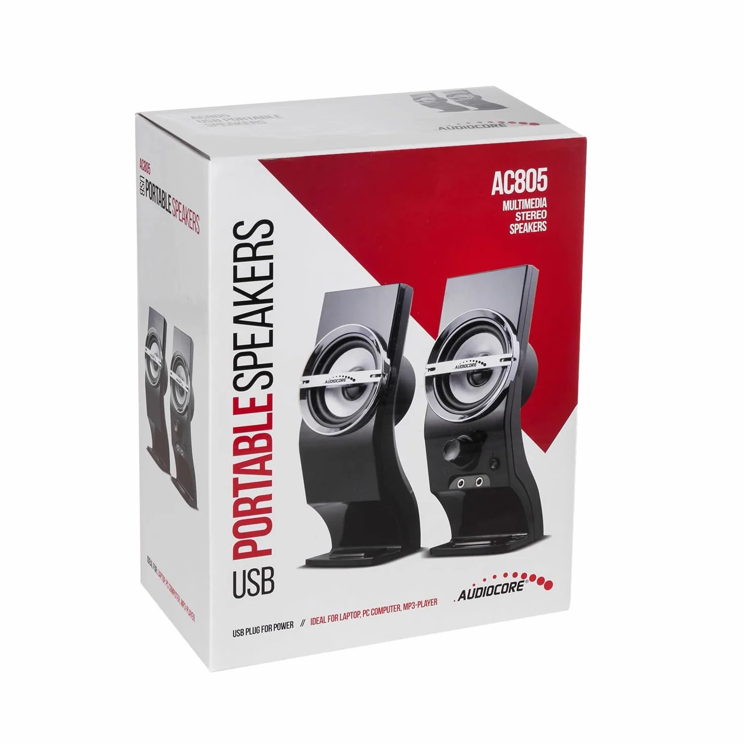 Audiocore AC805 Eleganckie Głośniki Stereo 2.0, Czarno-Srebrne do Komputera, Podświetlane LED Gamingowe do Laptopa na USB 6W, MiniJack