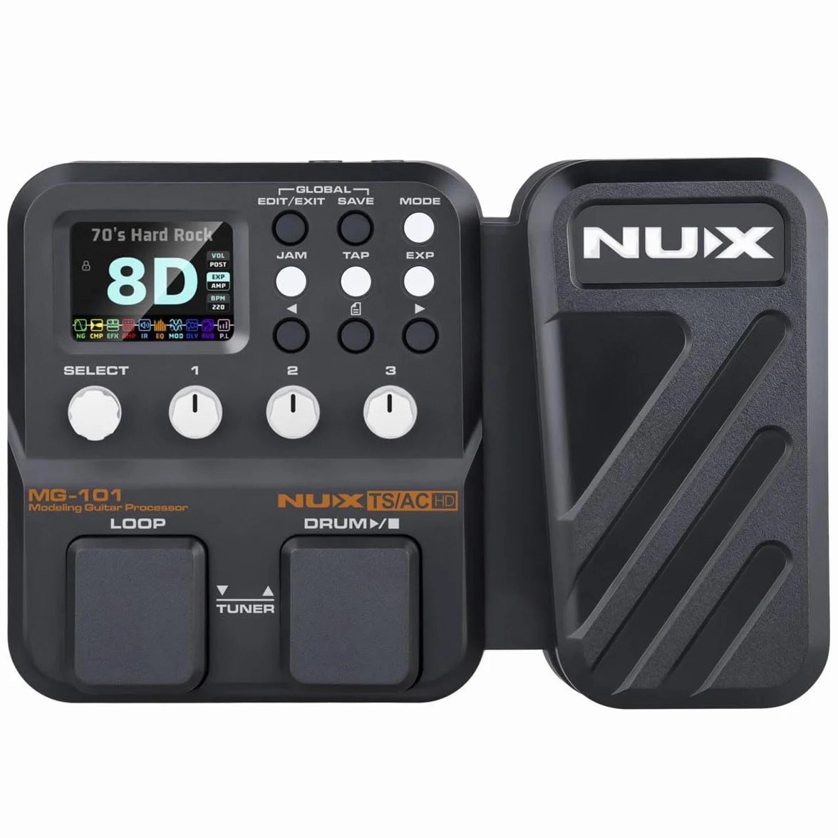 NUX MG-101 wielofunkcyjny , 25 klasycznych modeli wzmacniacza, 512 próbek rozdzielczości IR, 46 efektów, łatwe przesyłanie strumieniowe na żywo
