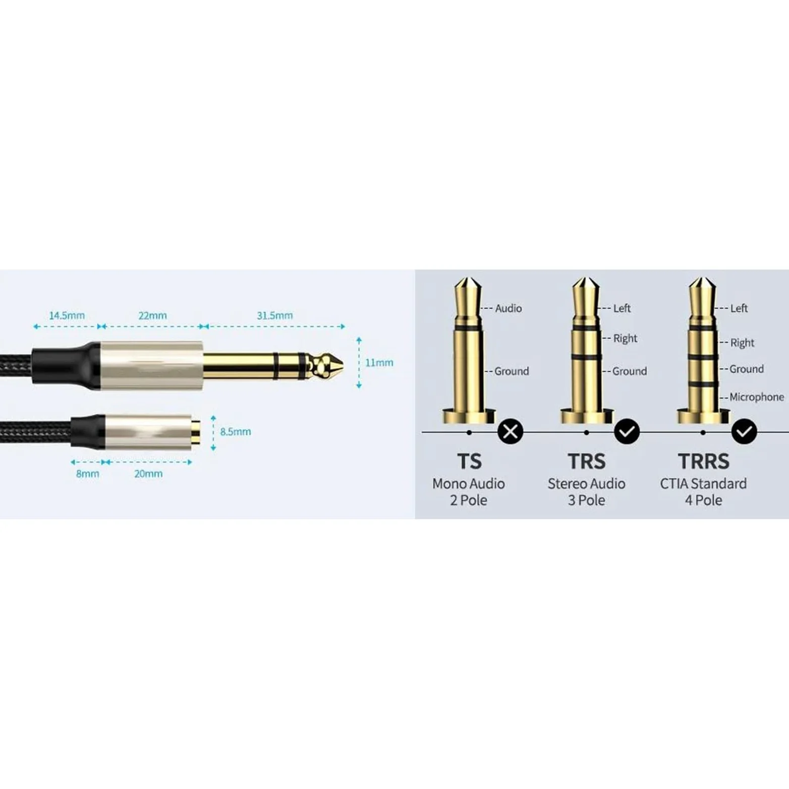 Pro Audio kabel 6,35 męski na żeński 3,5 przedłużacz 1/4 do 3,5 mm stereo jack kabel do gitary wzmacniacz klawiatura fortepian(Pack of 5,300cm)
