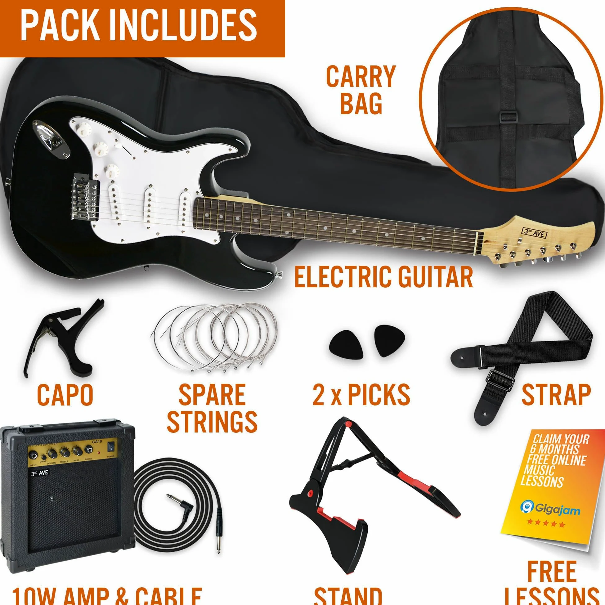 3rd Avenue Elektryczny Zestaw Gitarowy, Pełny Rozmiar, 4/4 Lewa Strona, 1 Miesiąc Ultimate Guitar Pro i Courses, Czarny