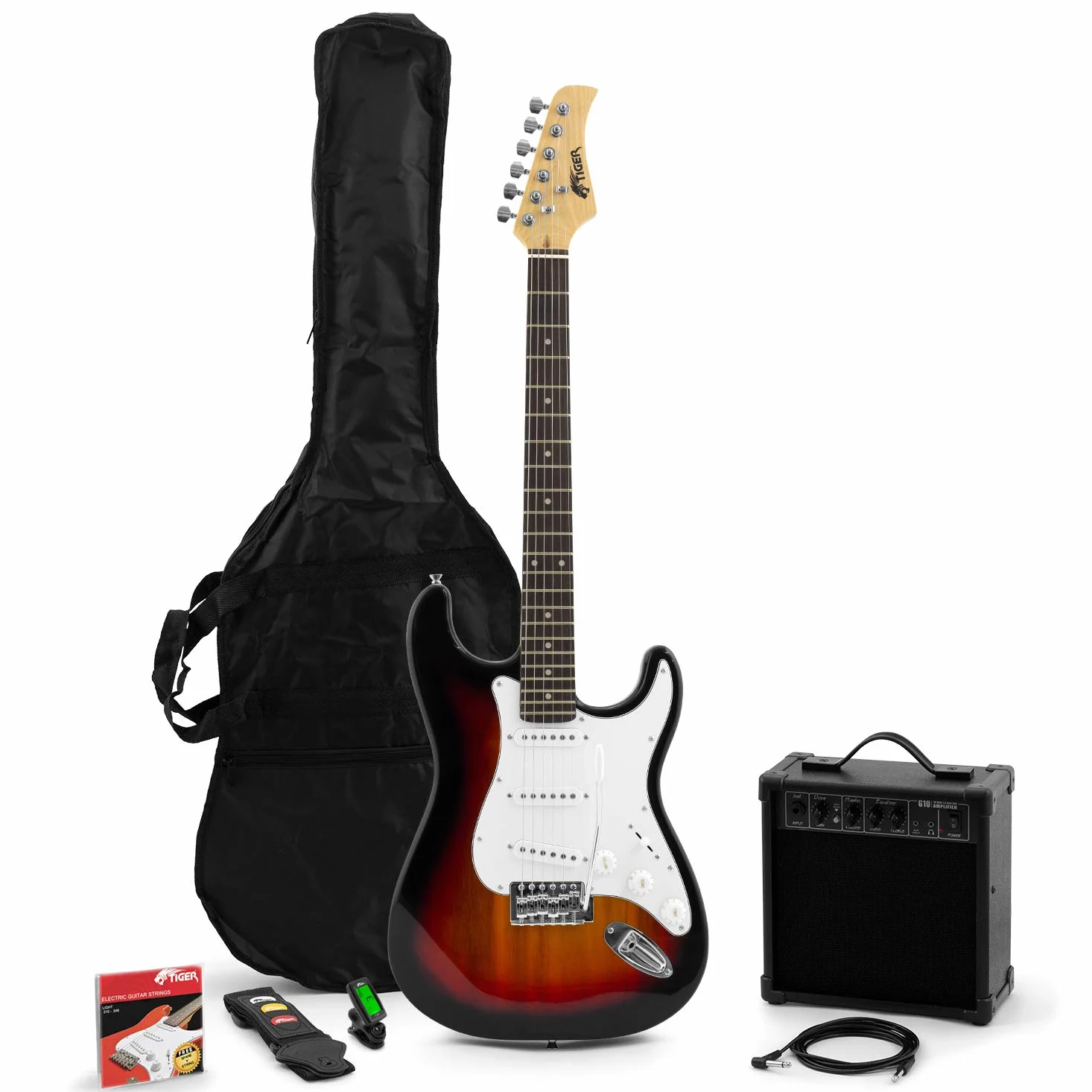 Tiger EGT2 Pełnowymiarowy Zestaw Startowy do Gitary Elektrycznej | Gitara Sunburst ze wzmacniaczem, paskiem, kostkami, zapasowymi strunami i torbą, komplet dla początkujących