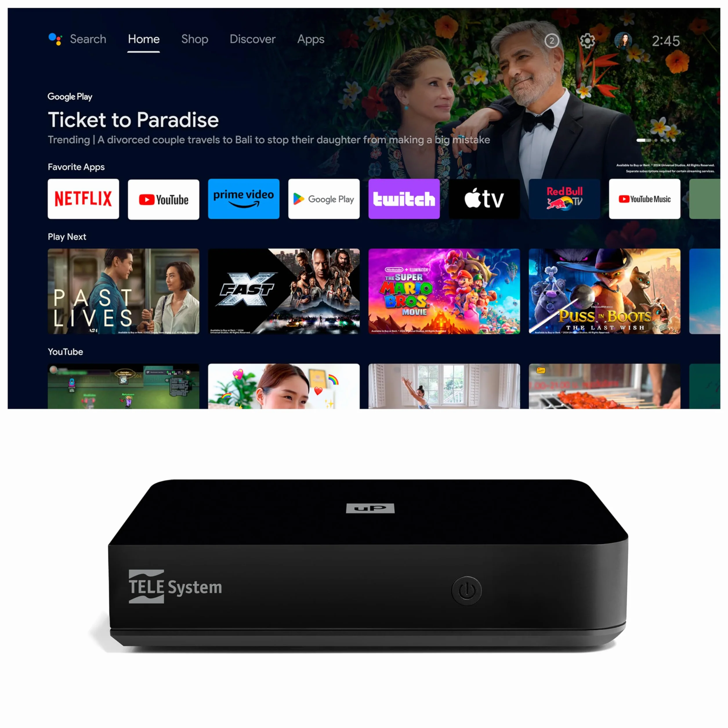 TELE System UP T2 4K: Cyfrowy dekoder naziemny ULTRA HD Android TV, aktualizacja Smart TV, tuner DVB-T2 HEVC HDR10+HLG, w zestawie adapter HDMI/SCART - certyfikat Google