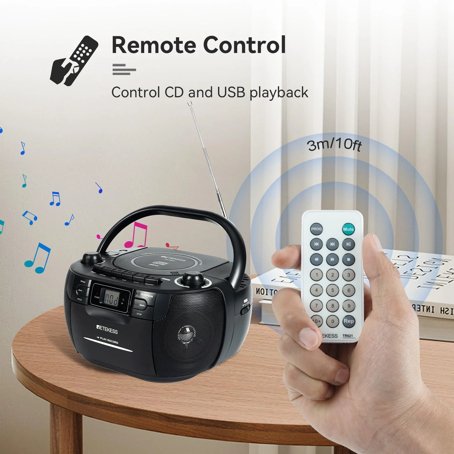 Retekess TR621 Przenośny Odtwarzacz CD Boombox Stereo z Radiem AM FM, Odtwarzacz Kasetowy, Magnetofon Kasetowy, Obsługa USB/TF/Słuchawek, z Pilotem (czarny)