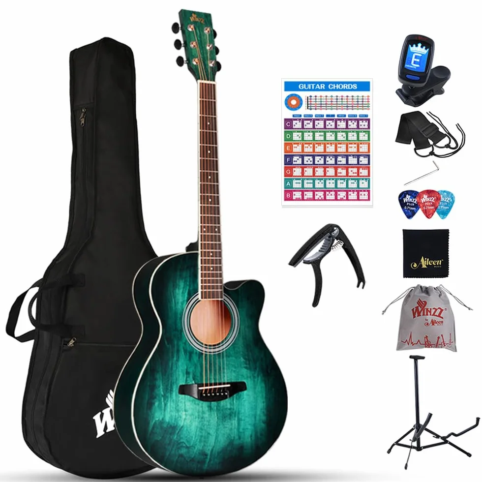 Winzz gitara akustyczna ze stalową struną, początkujący, elegancka, unikalny wzór kolorów, 100 cm, niebiesko-zielona