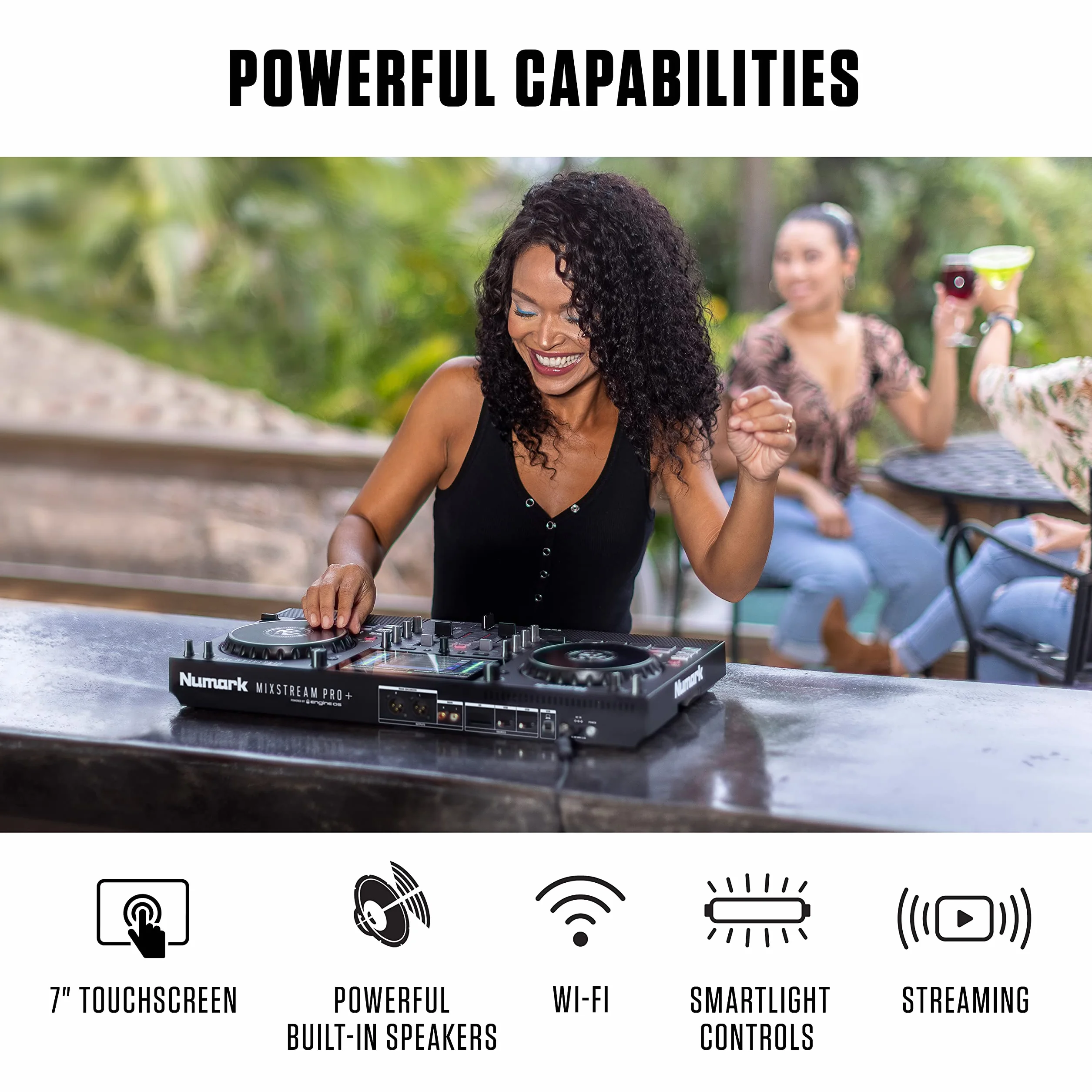 Numark Mixstream Pro+ Kontroler DJ z separacją stemów, 2 deckami, Wi-Fi, mikserem, ekranem 7″ i głośnikami, kompatybilny z Serato i Virtual DJ