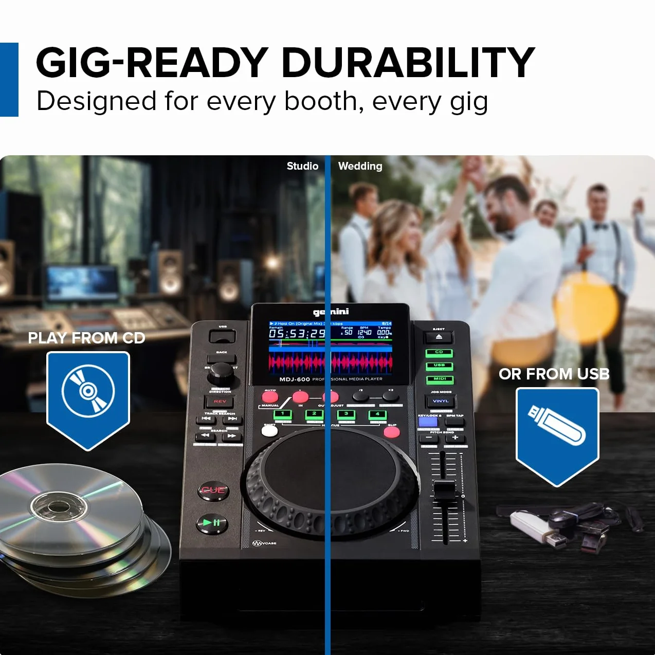 Gemini Sound MDJ-600 - profesjonalny odtwarzacz CD/Media Player z 4 Hot Cues i Auto/Manual Looping, kolorowy ekran, MIDI, 24-bitowy/192 kHz karta dźwiękowa