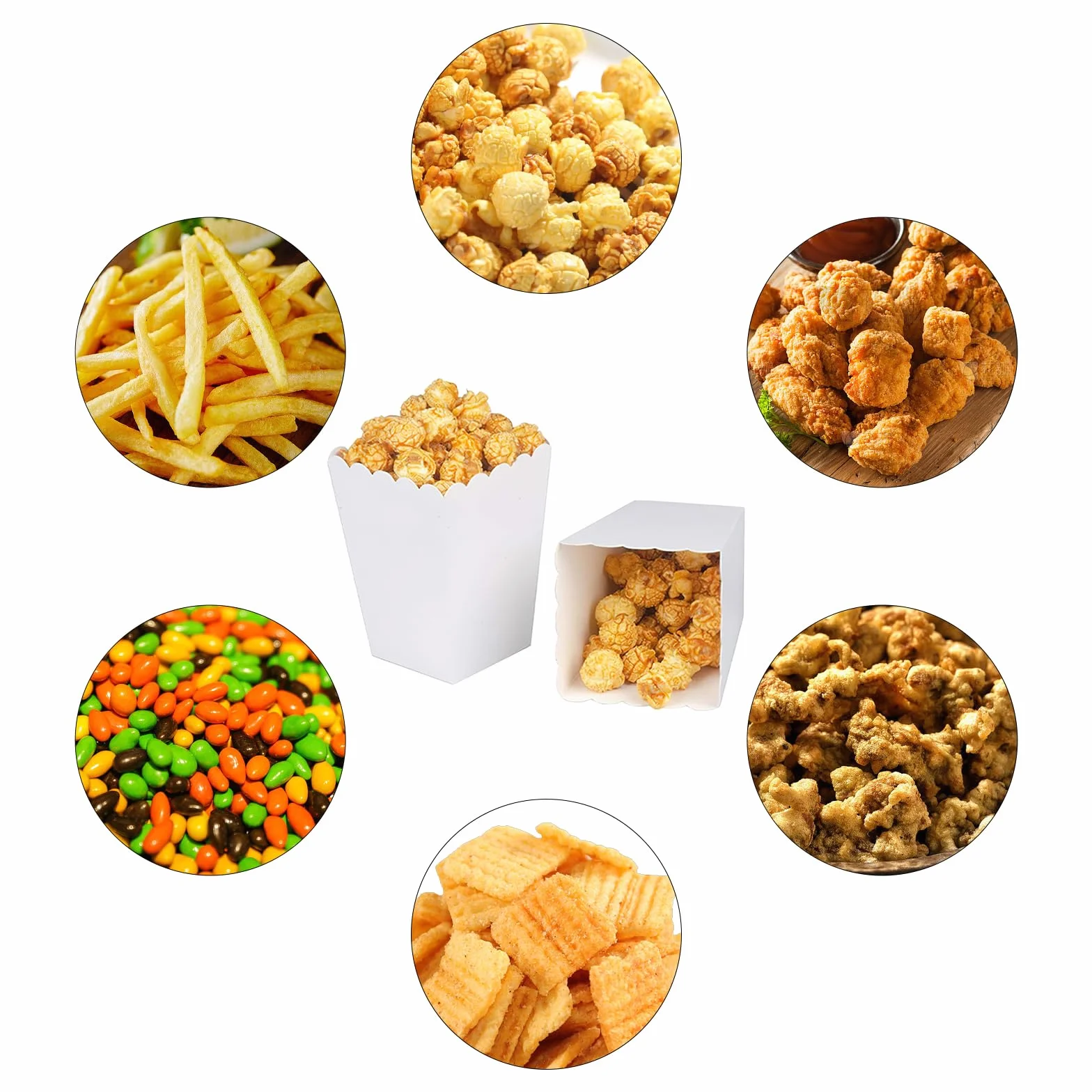 50 sztuk pudełek na popcorn, małe białe pudełka na popcorn, pojemniki na popcorn, torebki na popcorn, cukierki, do przechowywania przekąsek, popcornu i słodyczy w teatrach, kinach i karnawale