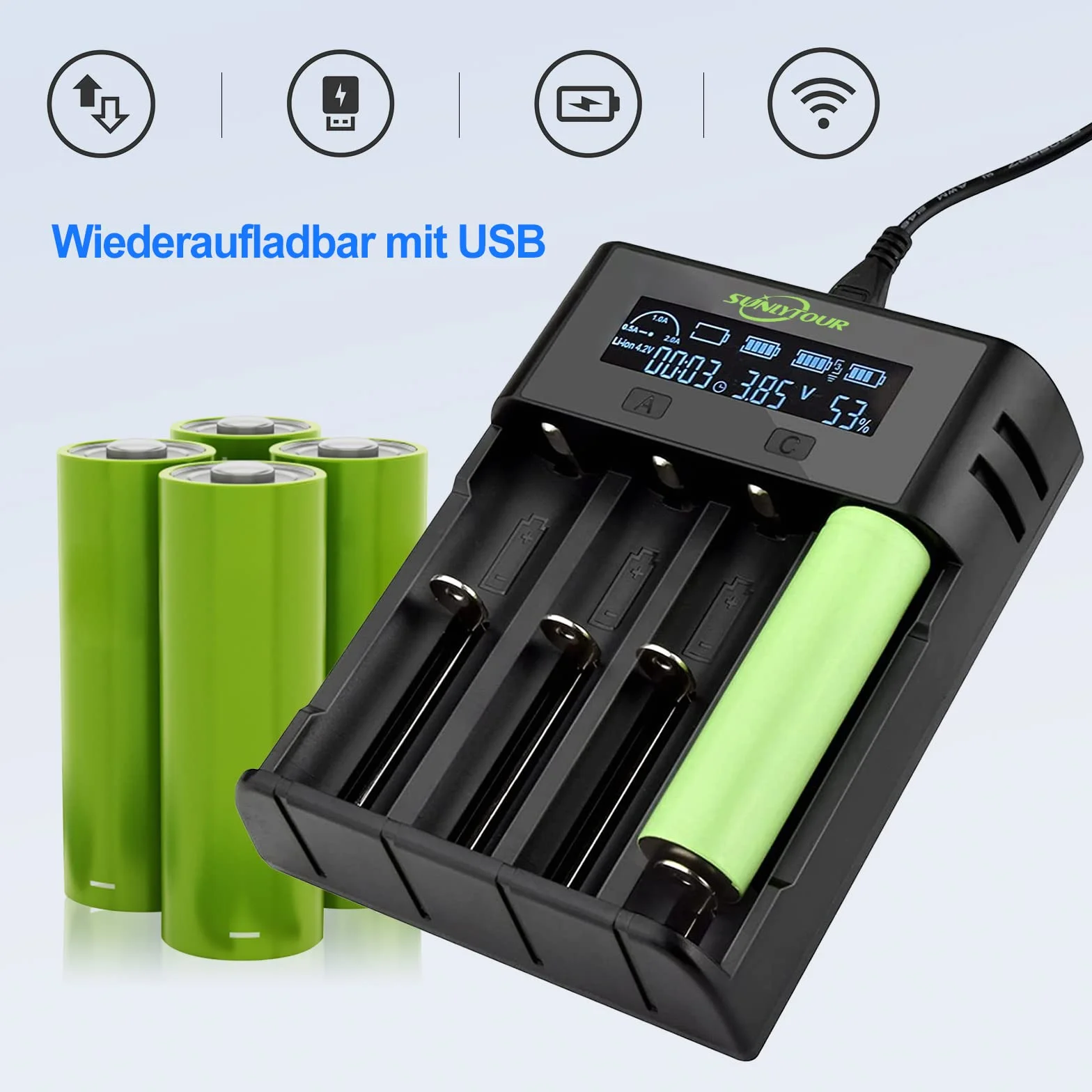 Premium 4 Gniazda 21750 21700 Ładowarka do baterii,SUNLYTOUR 4 Gniazda 18650 Ładowarka do baterii 21700 Ładowarka do 20700 22700 22650 26650 26700 16340 (RCR123) Ni-MH AA Ładowarka z płytą ochronną PCB