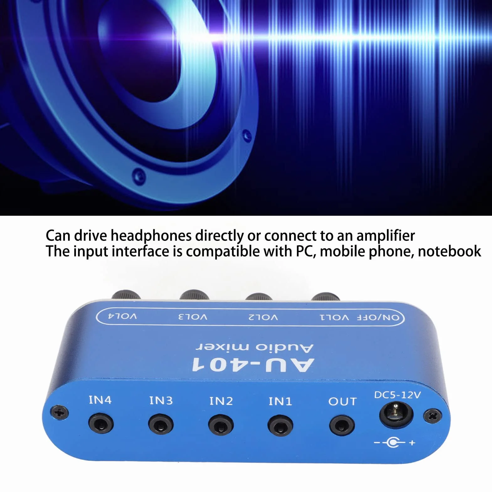 Mini mikser audio, 4-kanałowy mikser liniowy z gniazdem stereo 3,5 mm, 4 wejścia 1 wyjście stereo, mikser stereo DC 5 V-12 V do komputera, telefonu, laptopa, słuchawek, małych klubów lub barów