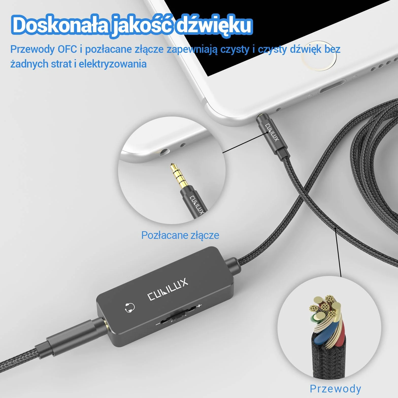 Cubilux Kabel tłumiący 3,5 mm TRRS, przedłużacz słuchawkowy 1/8 cala z regulacją głośności, wbudowany kontroler głośności do słuchawek, głośników, 1,2 m