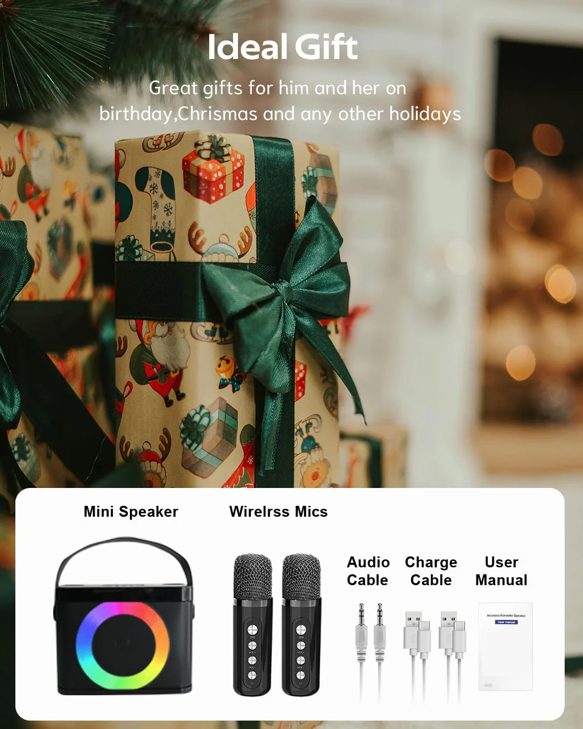 Maszyna do karaoke z 2 mikrofonami bezprzewodowymi, przenośny głośnik Bluetooth ze światłem RGB, urządzenie do karaoke, na imprezę domową, system PA dla dorosłych