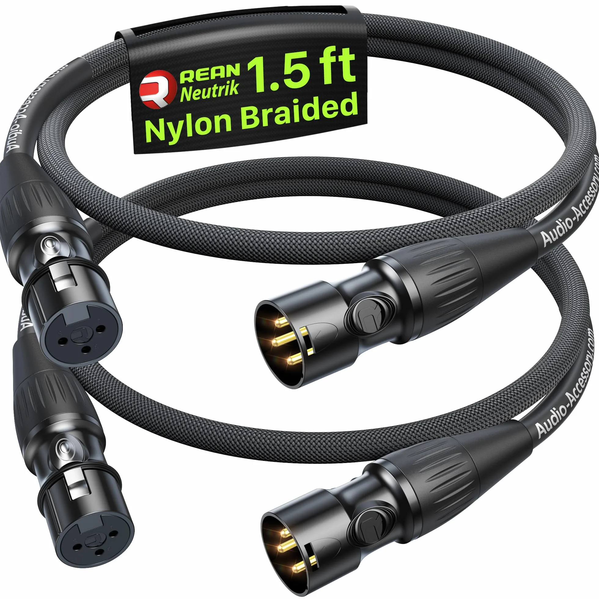 Neutrik krótki kabel XLR, 0,46 m, 2 sztuki, pozłacane wtyczki Rean firmy Neutrik, wzmocniony kevlarem, nylonowy, pleciony kabel mikrofonowy, trwały ekranowany i symetryczny wtyk XLR