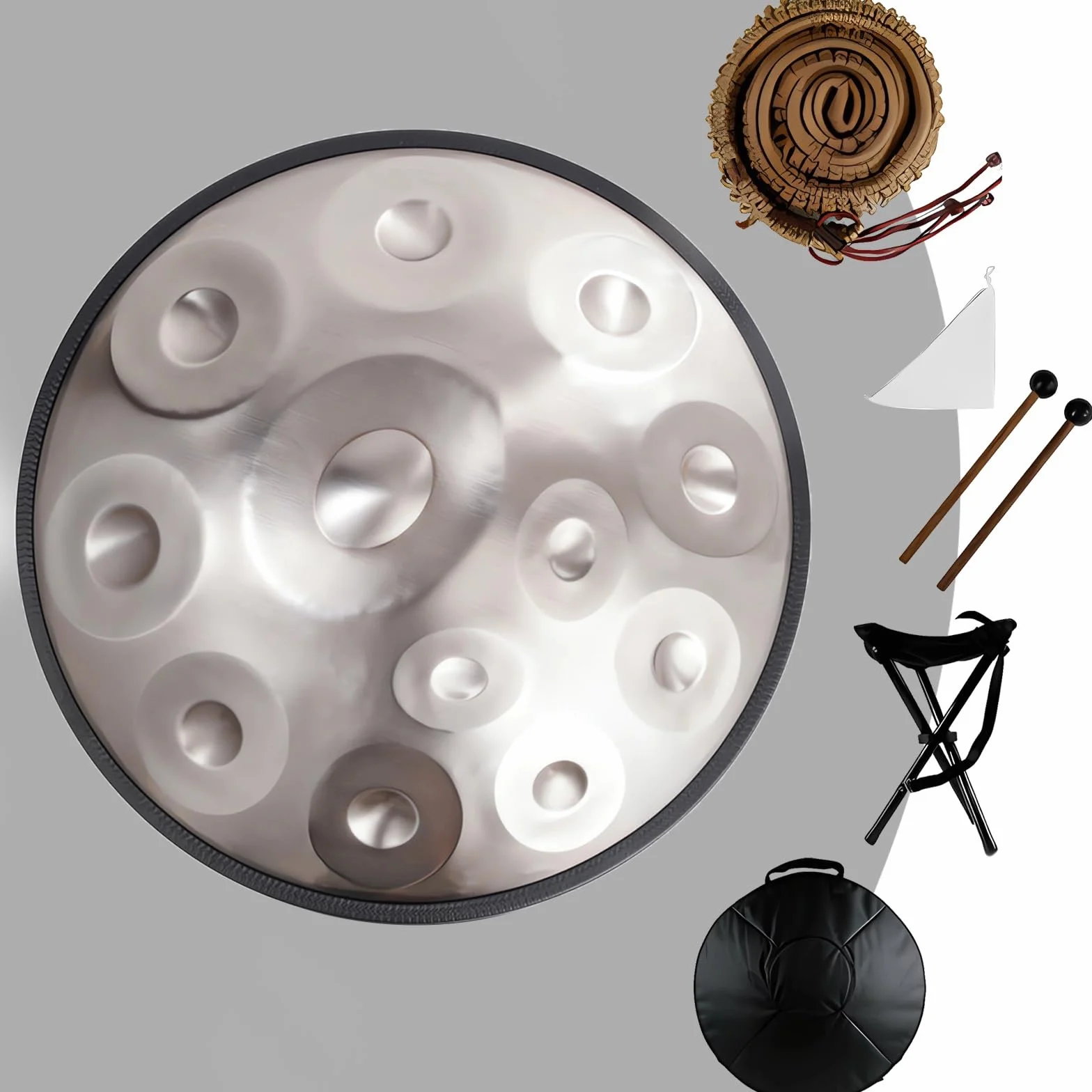 Instrument Handpan - 432Hz/440Hz 9/10/12 dźwięków - 55 cm stalowy bęben językowy - bębenek ręczny z podstawką do medytacji dźwiękiem (Rozmiar: 432Hz, Kolor: ZLOTO_12 DŹWIĘKÓW)